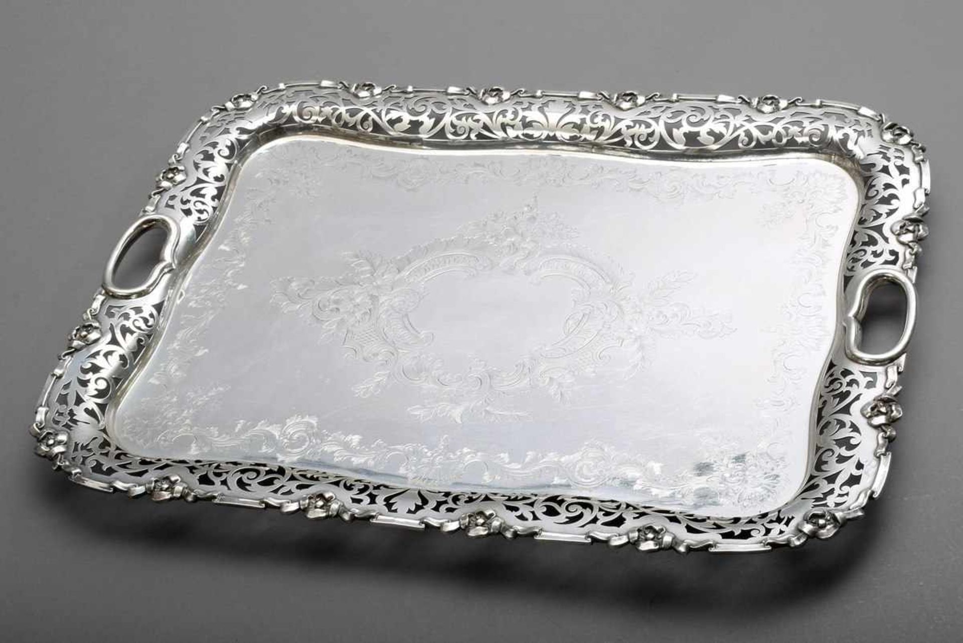 Rectangular silver plated tray with floral pierced rim and engraved rocaille decoration on the