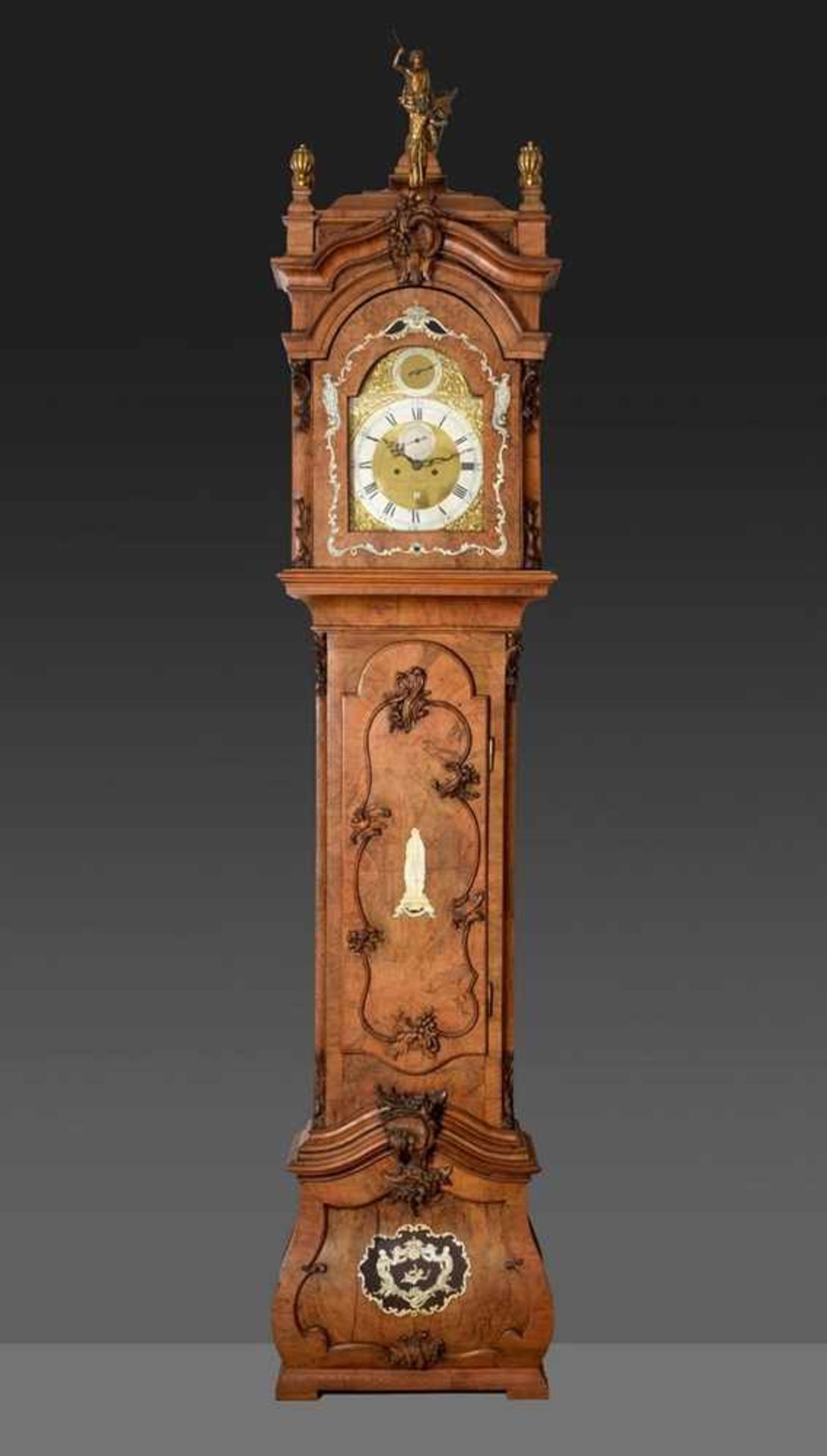 Large rococo grandfather clock with figural ivory inlays and rocaille carvings, walnut veneer, 8-day