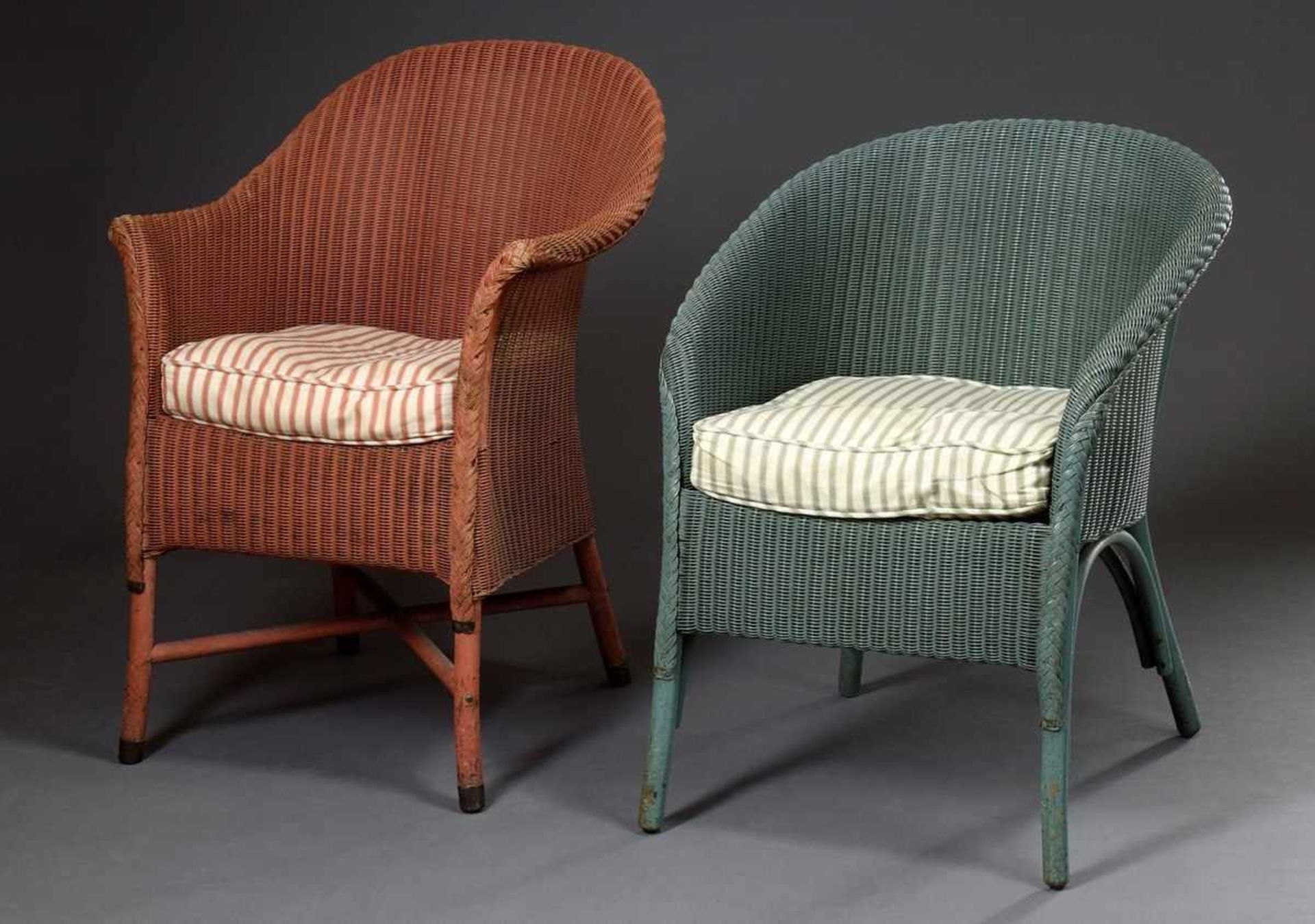 2 Various Lloyd Loom chairs, pink/green with matching cushions, h. 42/76cm and39/69cm, small