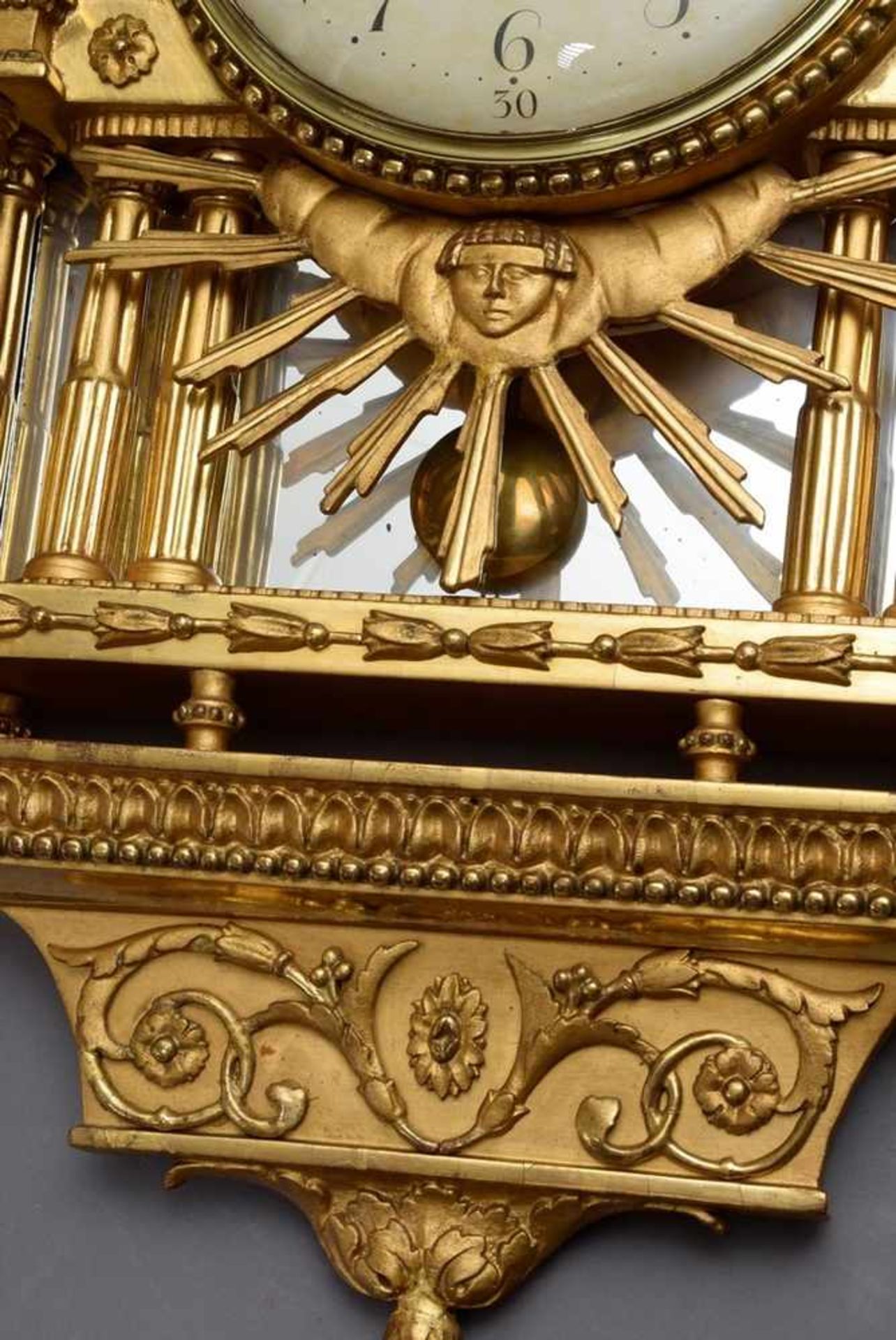 Swedish wall clock in gilded wood framing "Antique temple with sun symbol" and plastic loop - Image 3 of 5