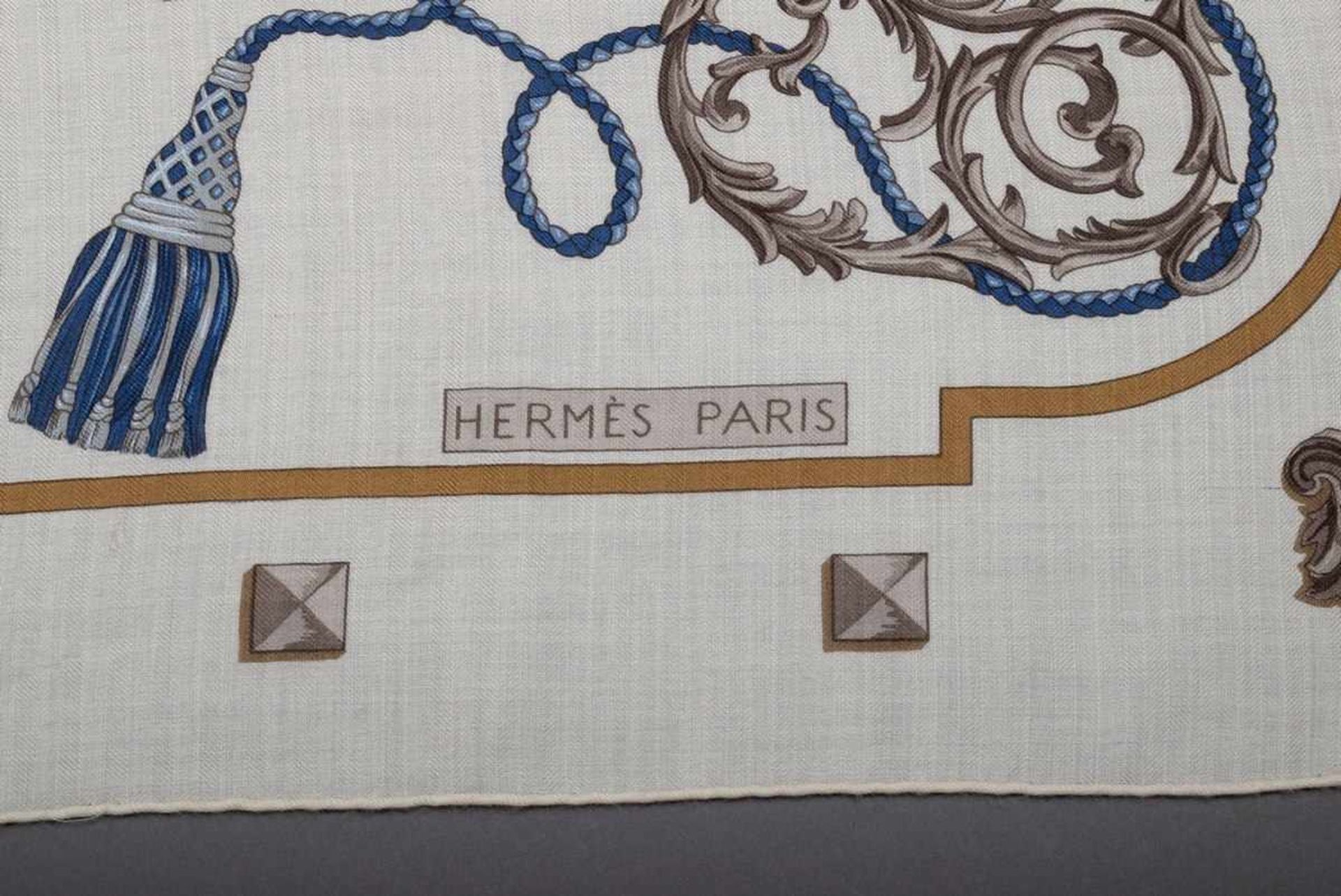 Hermès scarf "Les Clefs" écru/grey/blue, design: Caty Latham 1965, 65% cashmere, 35% silk, - Bild 4 aus 5