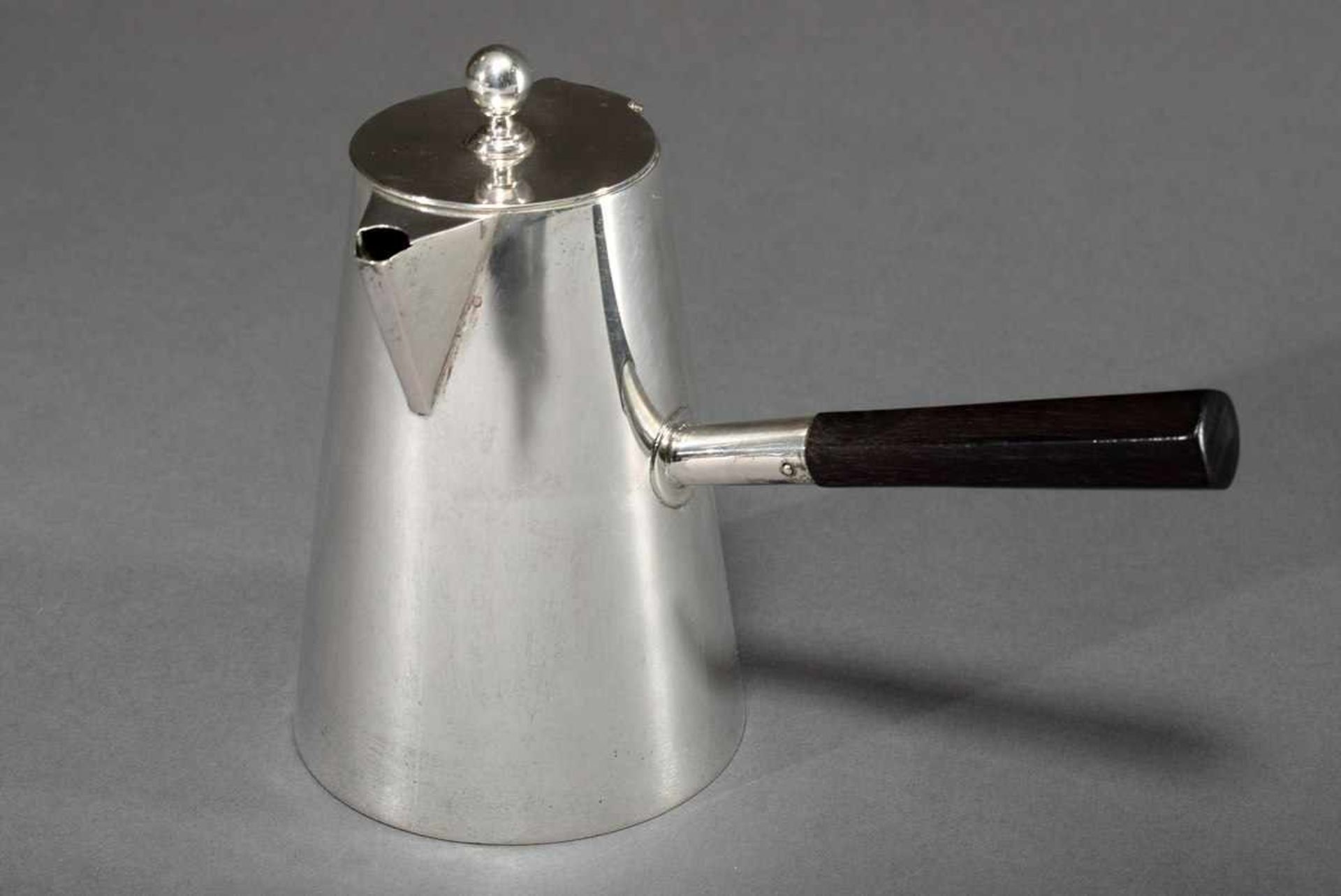 Small plain mocha pot with faceted wooden handle and ball knob, Franz Mosgau (Berlin), silver 800,