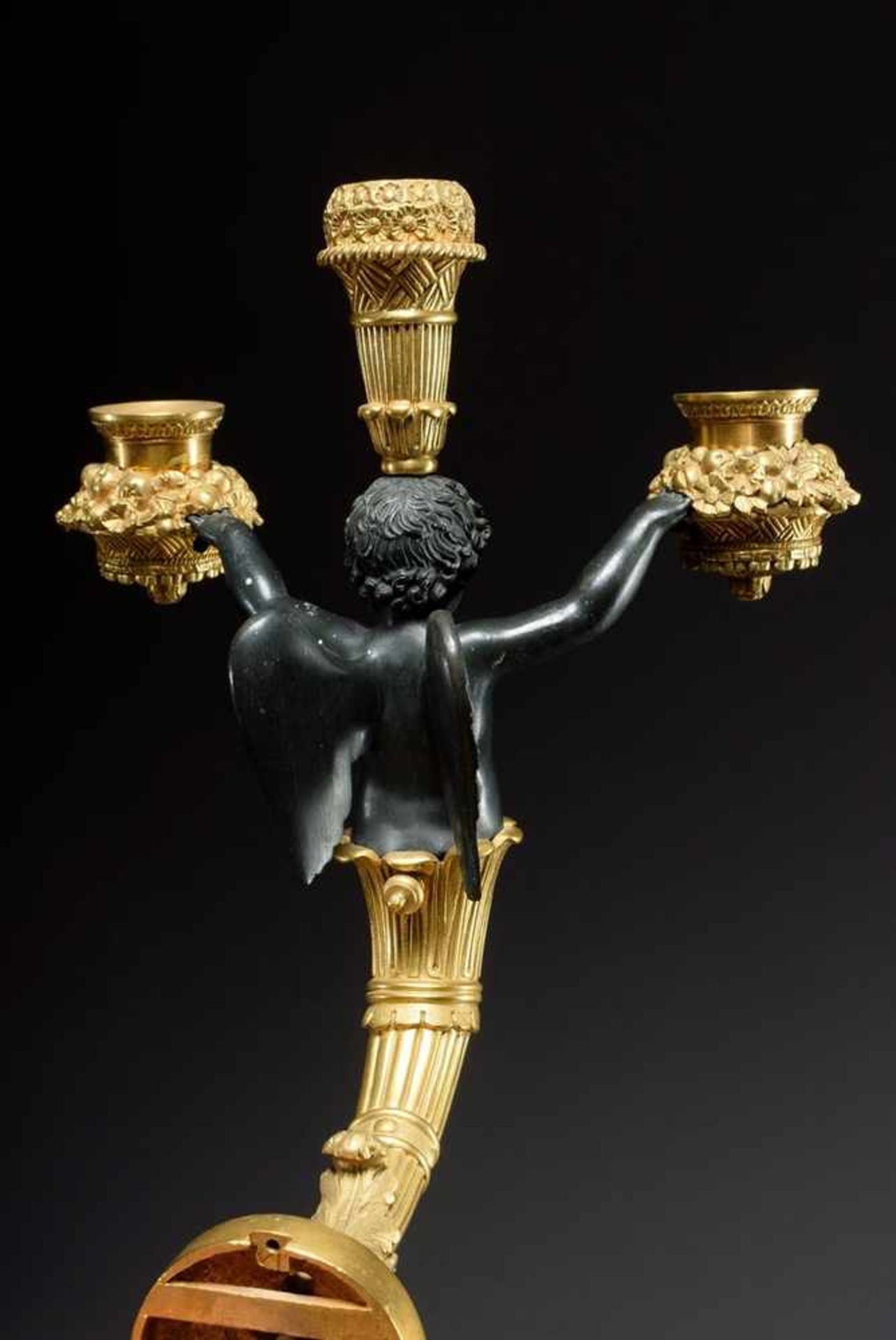 Pair of 3 flame wall arms "Angels", bronze partly gilded and blackened, France 19th century, ca. - Bild 8 aus 9