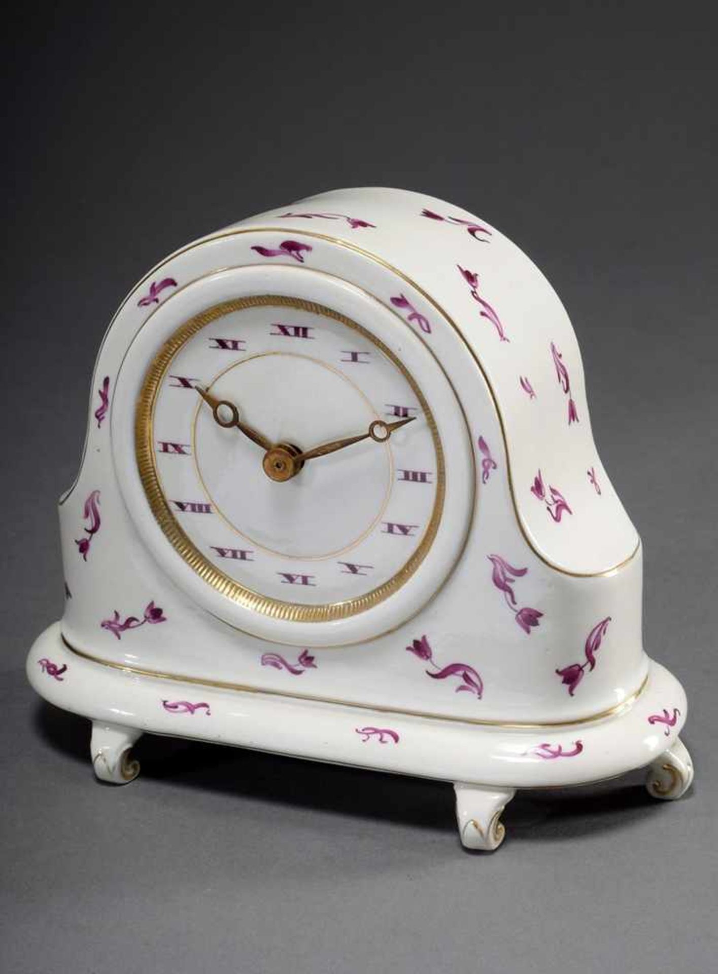 Small Schwarzburger Werkstätten porcelain fireplace clock with floral purple painting and