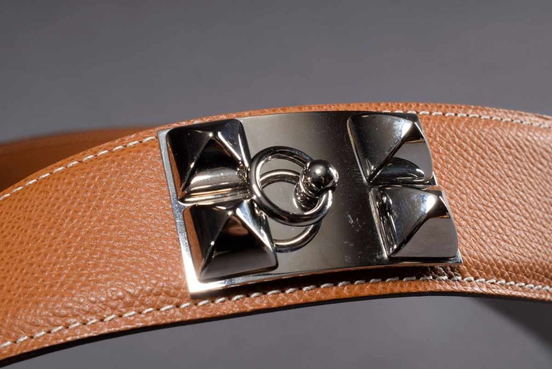 Hermès "Collier de Chien" belt with silver coloured details, cognac, 2006, l. 90cm, w. 4cm, original - Bild 4 aus 6