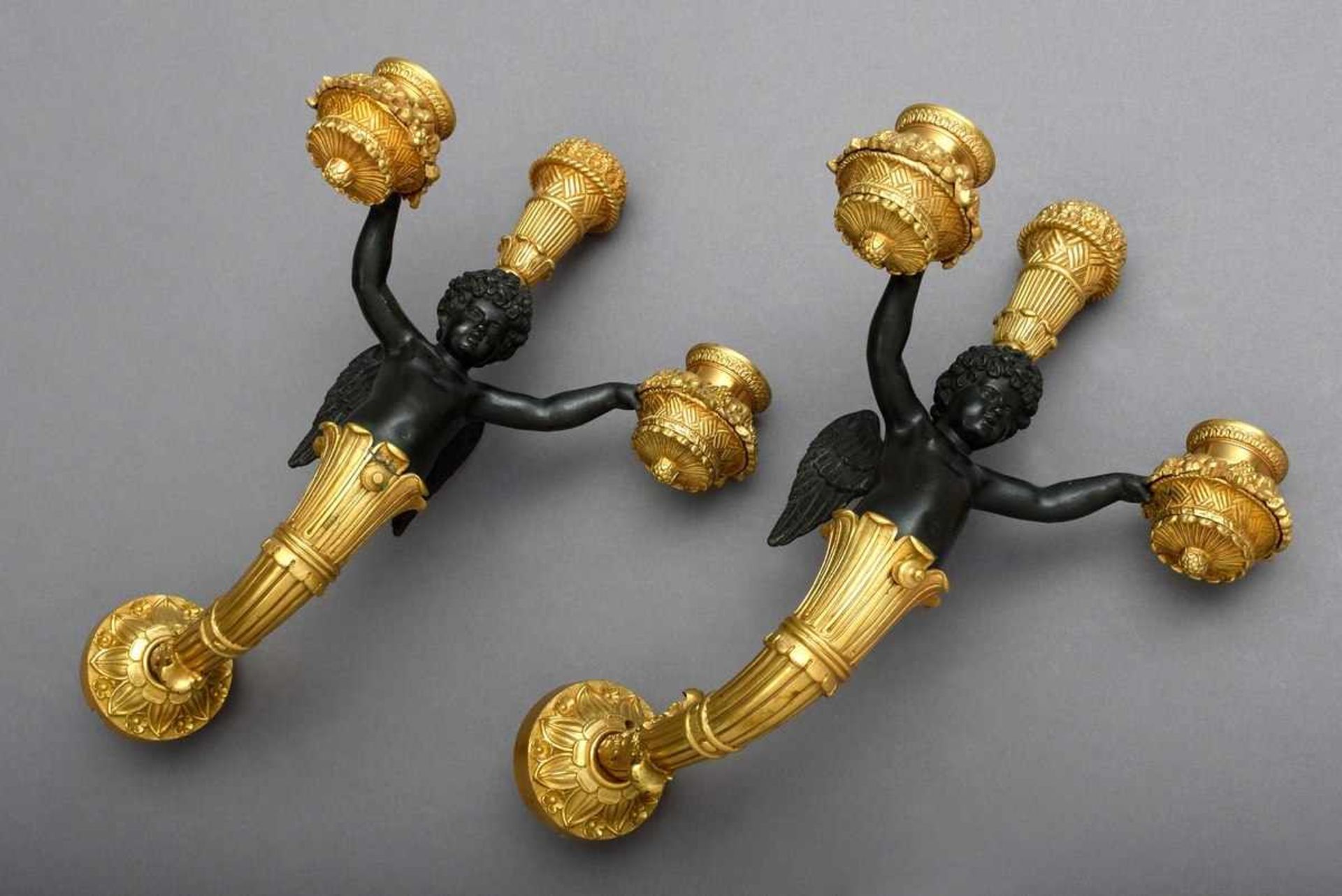 Pair of 3 flame wall arms "Angels", bronze partly gilded and blackened, France 19th century, ca.
