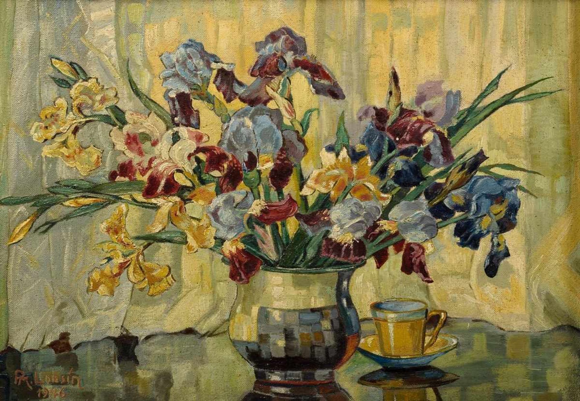 Lobsien, P.M. (painter of the 20th century) "Still life with iris bouquet" 1946, oil/warning sign (