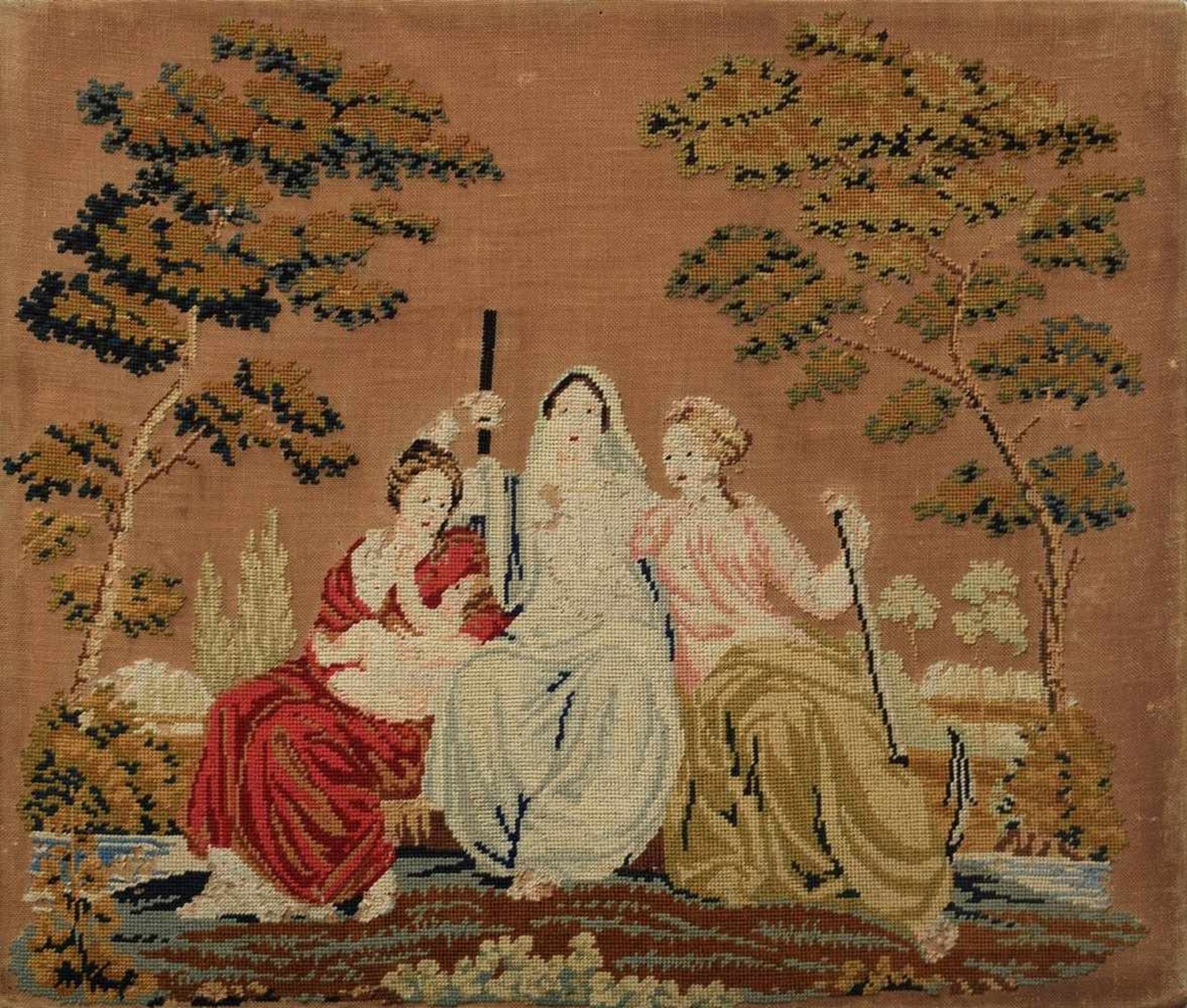 3 Various Biedermeier embroideries "Glaube, Liebe, Hoffnung" (44,5x53cm), "Heilige Familie" (55x45, - Image 2 of 10
