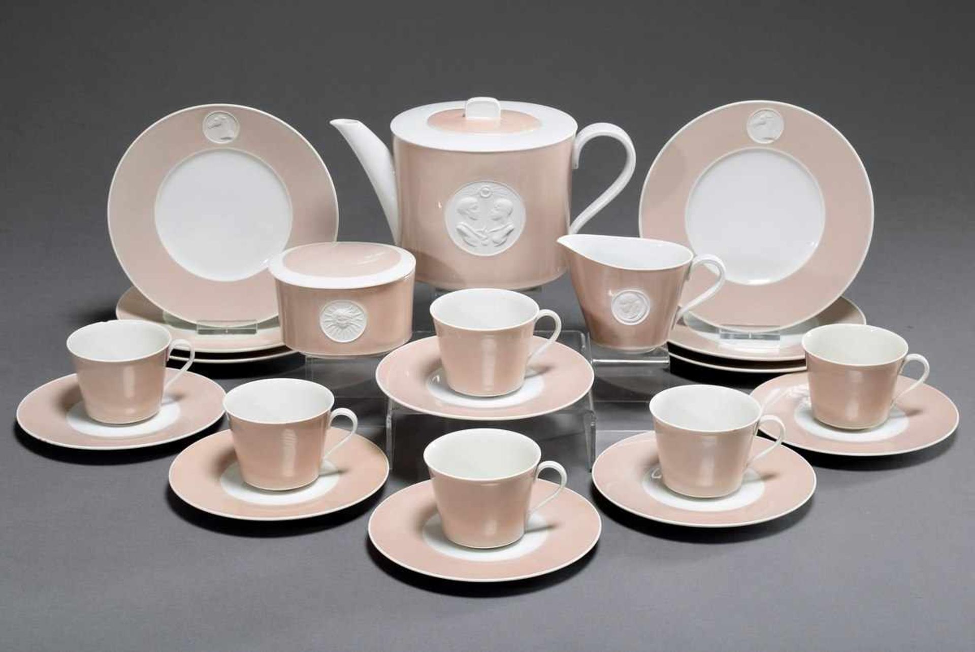 15 pieces KPM "Arcadia" mocha service for 6 persons with figural biscuit medallions on pastel