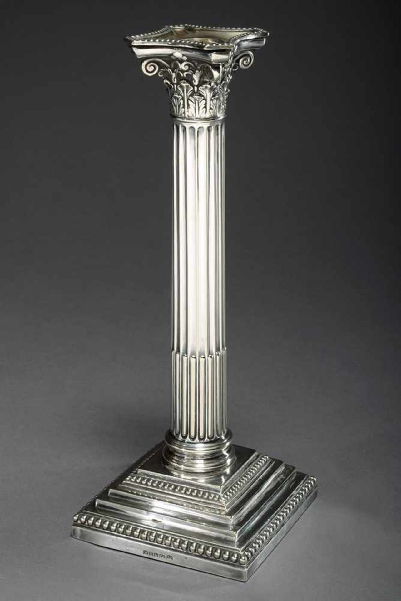 Silver plated English column chandelier, Hawksworth, Eyre & Co., Sheffield, h. 26cm, traces of