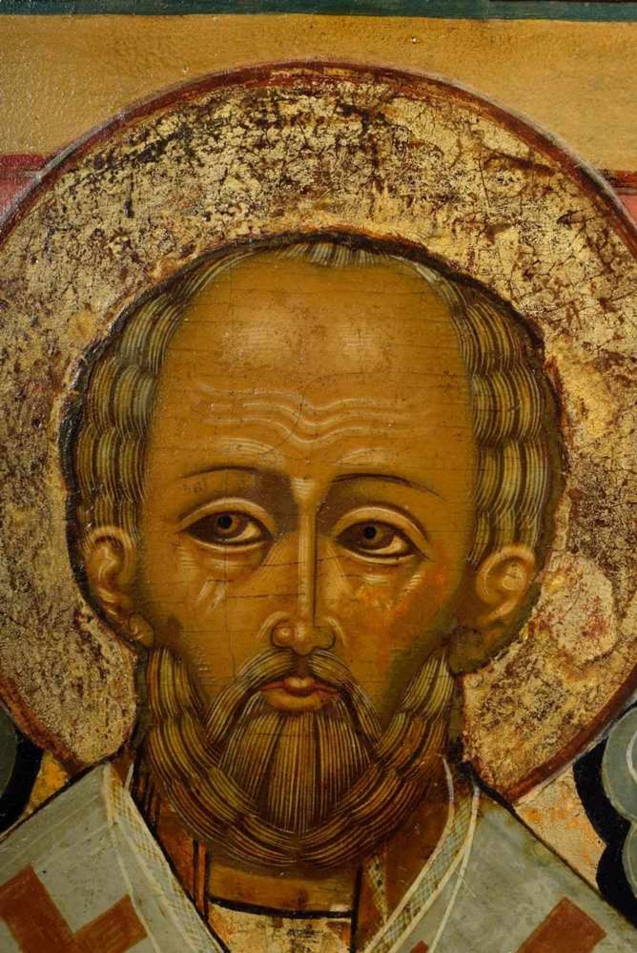 Russian icon "Saint Nicholas flanked by Christ and Mary" in light-coloured frame, egg tempera/ - Bild 2 aus 9