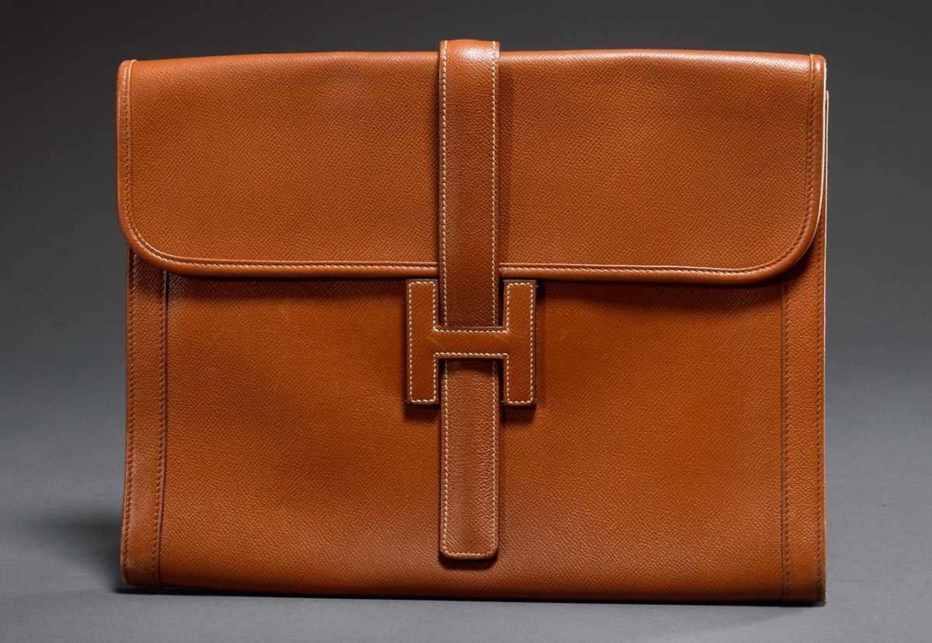 Hermès Clutch, cognac coloured leather/linen, 34x26cmHermès Clutch, cognacfarbenes Leder/Leinen,