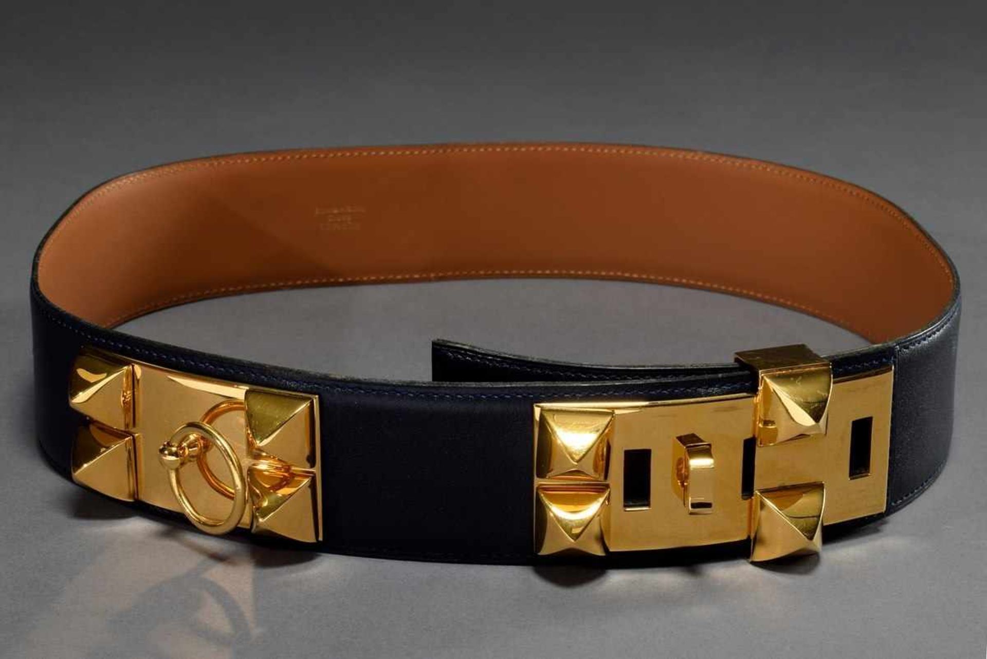 Hermès "Collier de Chien" belt with gold plated details, dark blue, 1994, l. 80cm, b. 5cm,