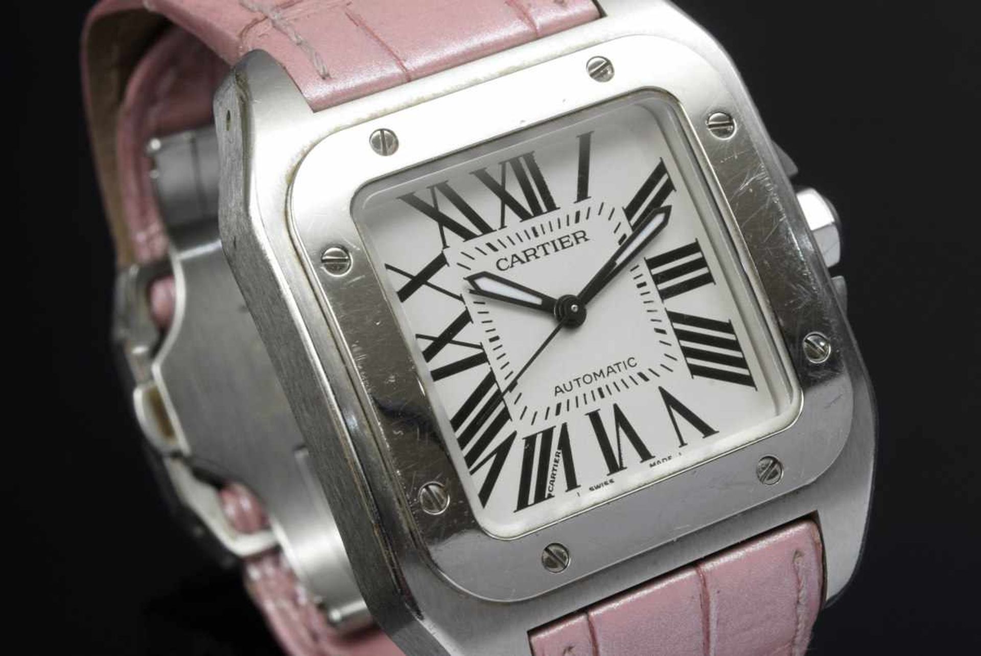 Cartier "Santos 100" watch, stainless steel, automatic movement, silver-coloured dial with Roman