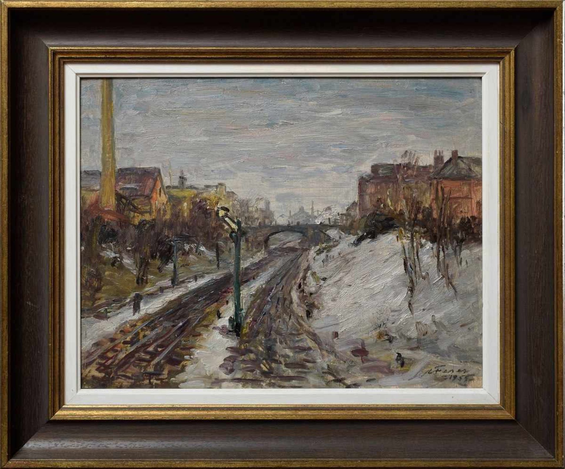 Feser, Albert (1901-1993) "Borgfelde S-Bahn" 1955, oil/wood, signed and dated below right, - Image 2 of 4