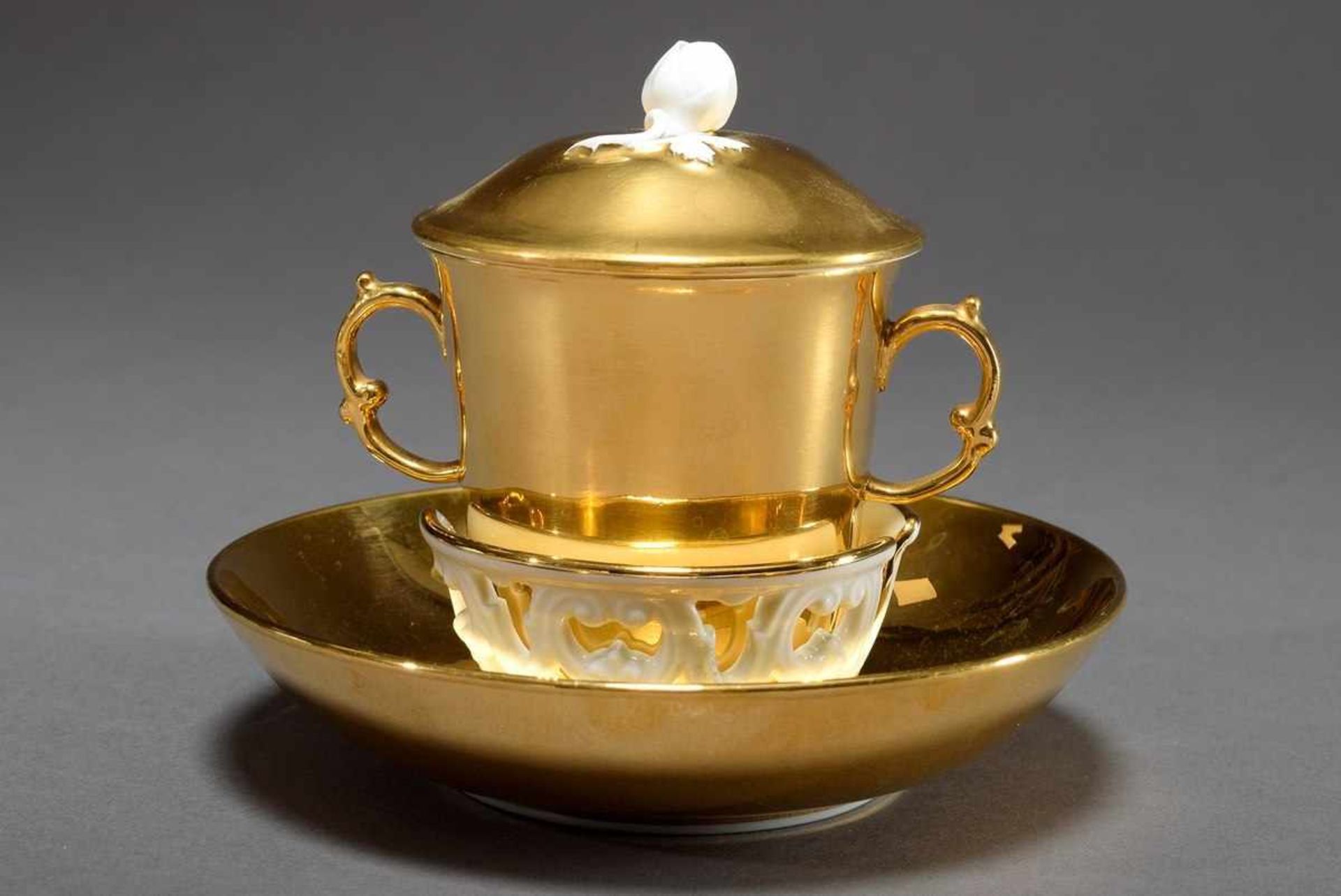 Gold plated Meissen trembleuse cup, around 1930, flower slightly bumped, h. 12cmVergoldete Meissen