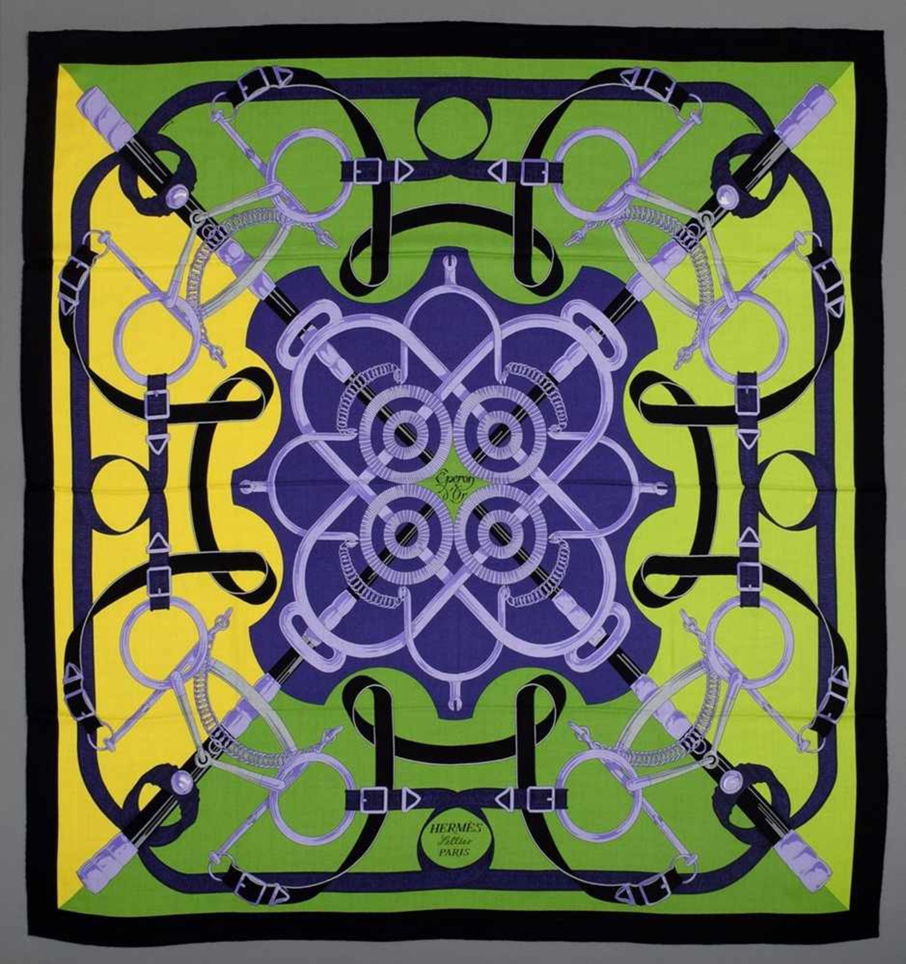 Hermès scarf "Eperon d'Or" lemon yellow/purple/light green/black, design: Henri d'Origny 1974, 65% - Bild 2 aus 5