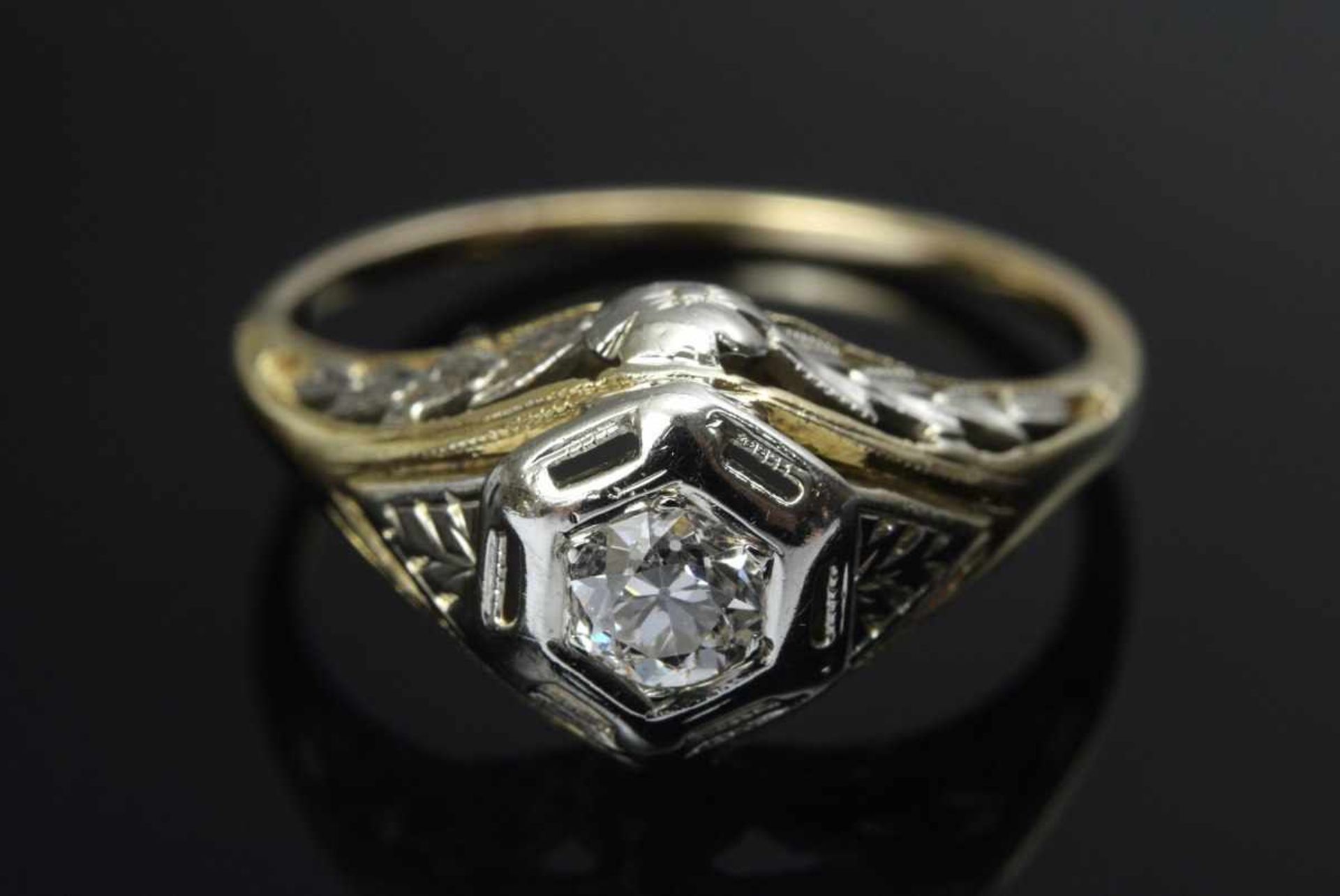 Fine handmade GG/WG 585 Art Deco ring with old cut diamond (approx. 0.18ct/PI/CR), 2,6g, size