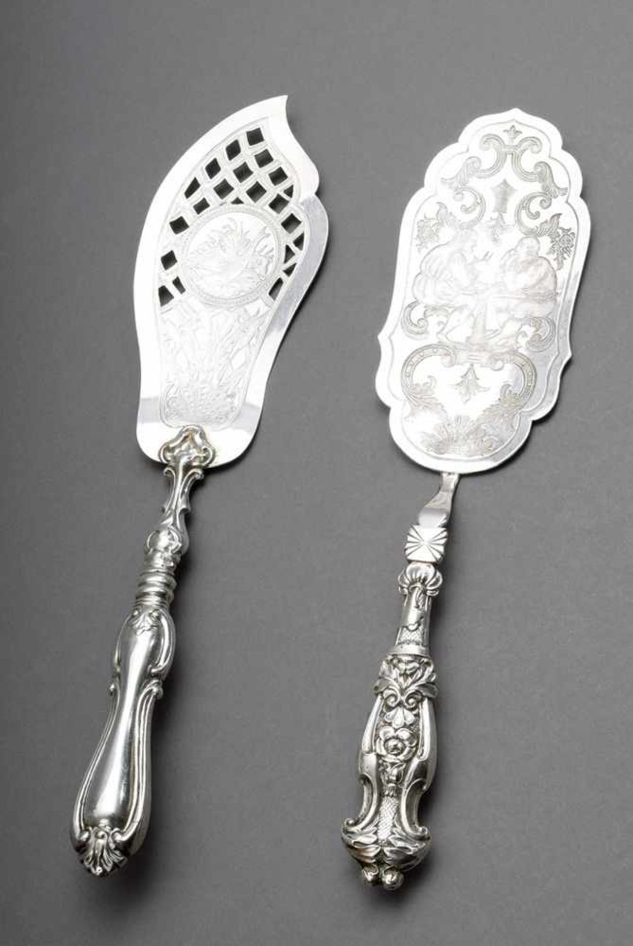 2 Various Biedermeier cake lifters with punched motifs "Sea animals"/"Two men at the table", silver,