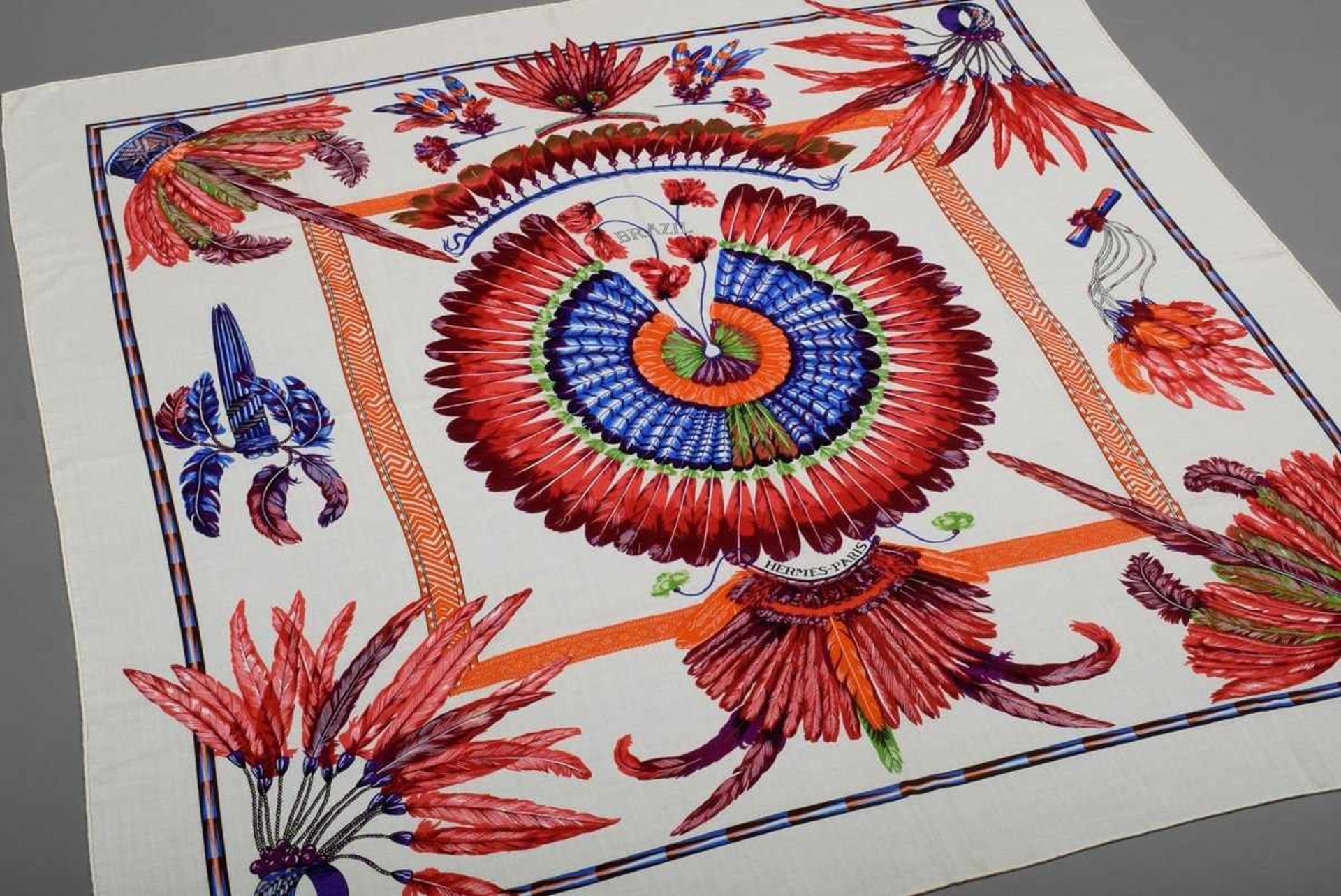 Hermès scarf "Brazil" écru/red/blue/orange, design: Laurence Bourthoumieux 1988, 65% cashmere, 35%