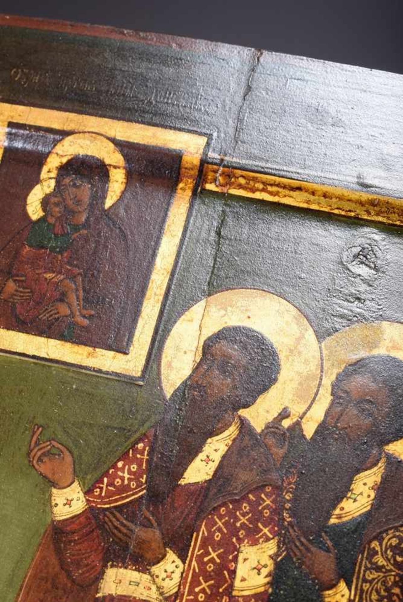 Russian icon "Adoration of the Mother of God - 5 Saints", egg tempera/chalk ground over wood, 19th - Bild 7 aus 7