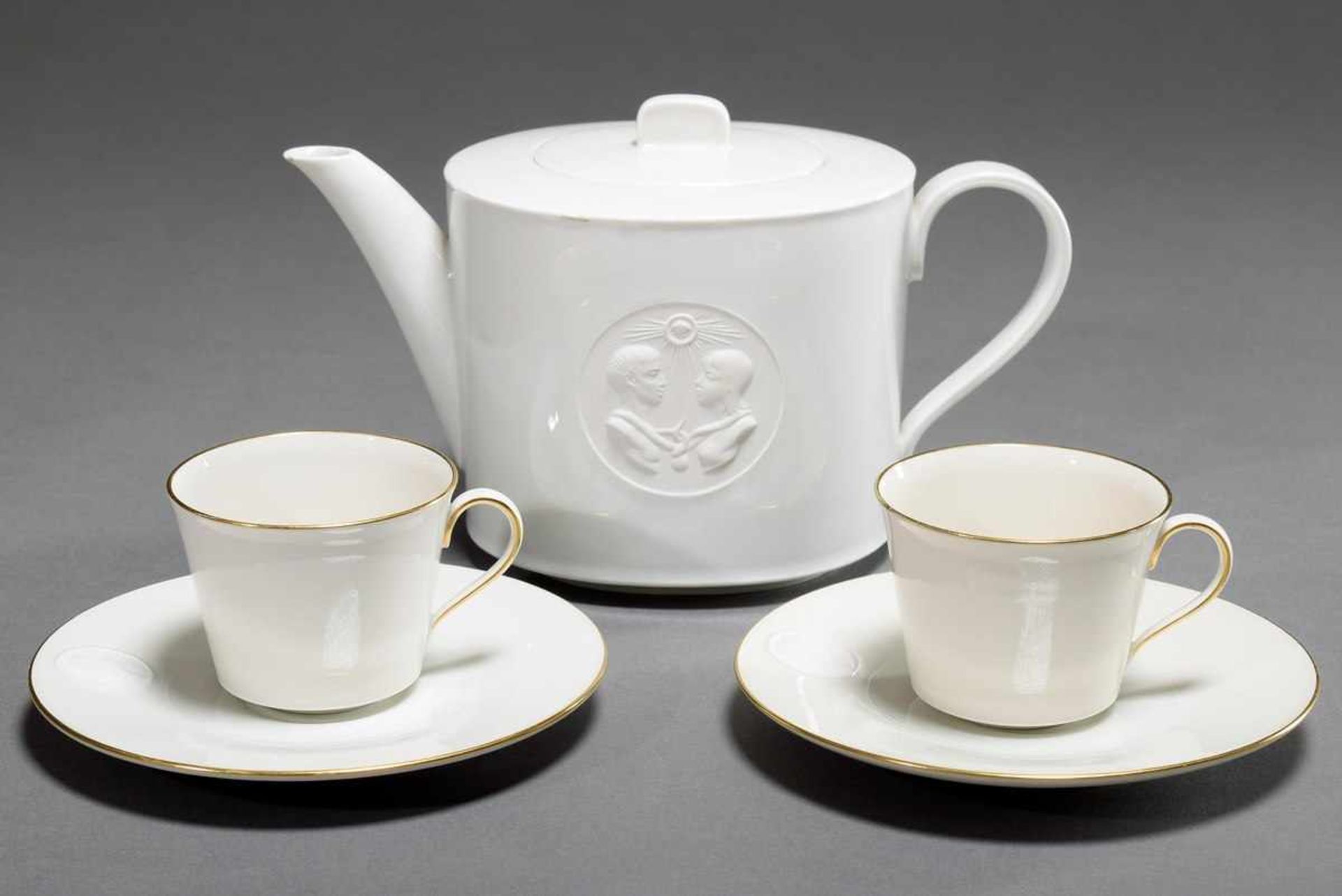3 Various parts KPM "Arcadia" mocha service with figural biscuit medallions, design: Trude Petri/