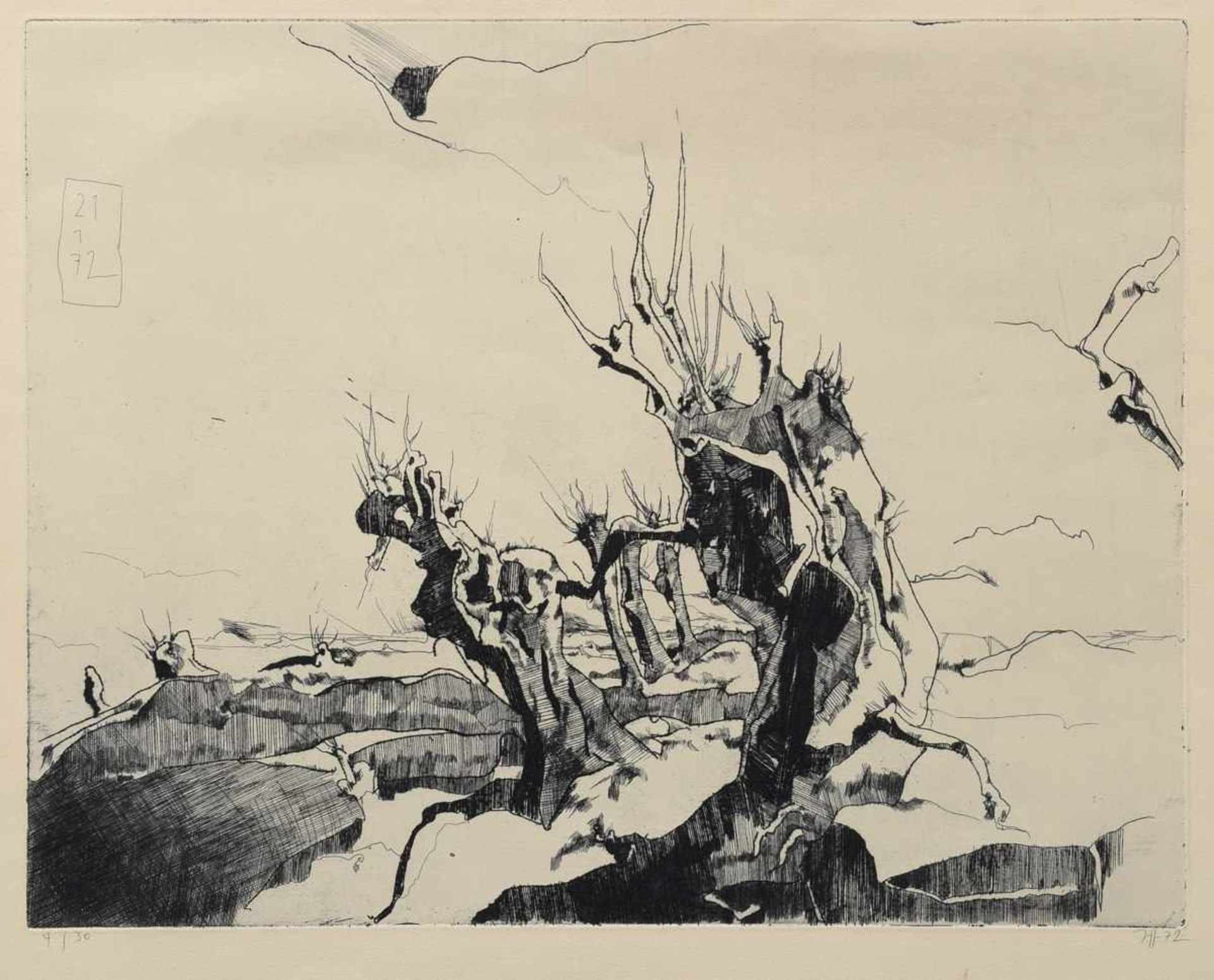 Janssen, Horst (1929-1995) "Landscape" from "7 etchings" 21.1.72, drypoint 4/30, signed and dated