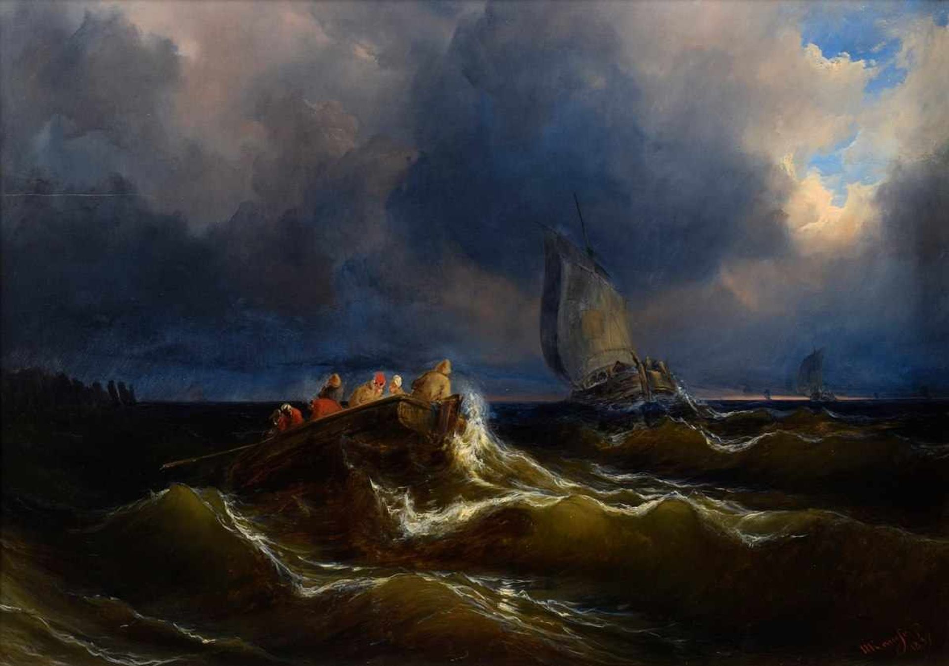 Krause, Wilhelm August (1803-1864) "Fisherman in a stormy sea" 1837, oil/wood, signed/dated lower