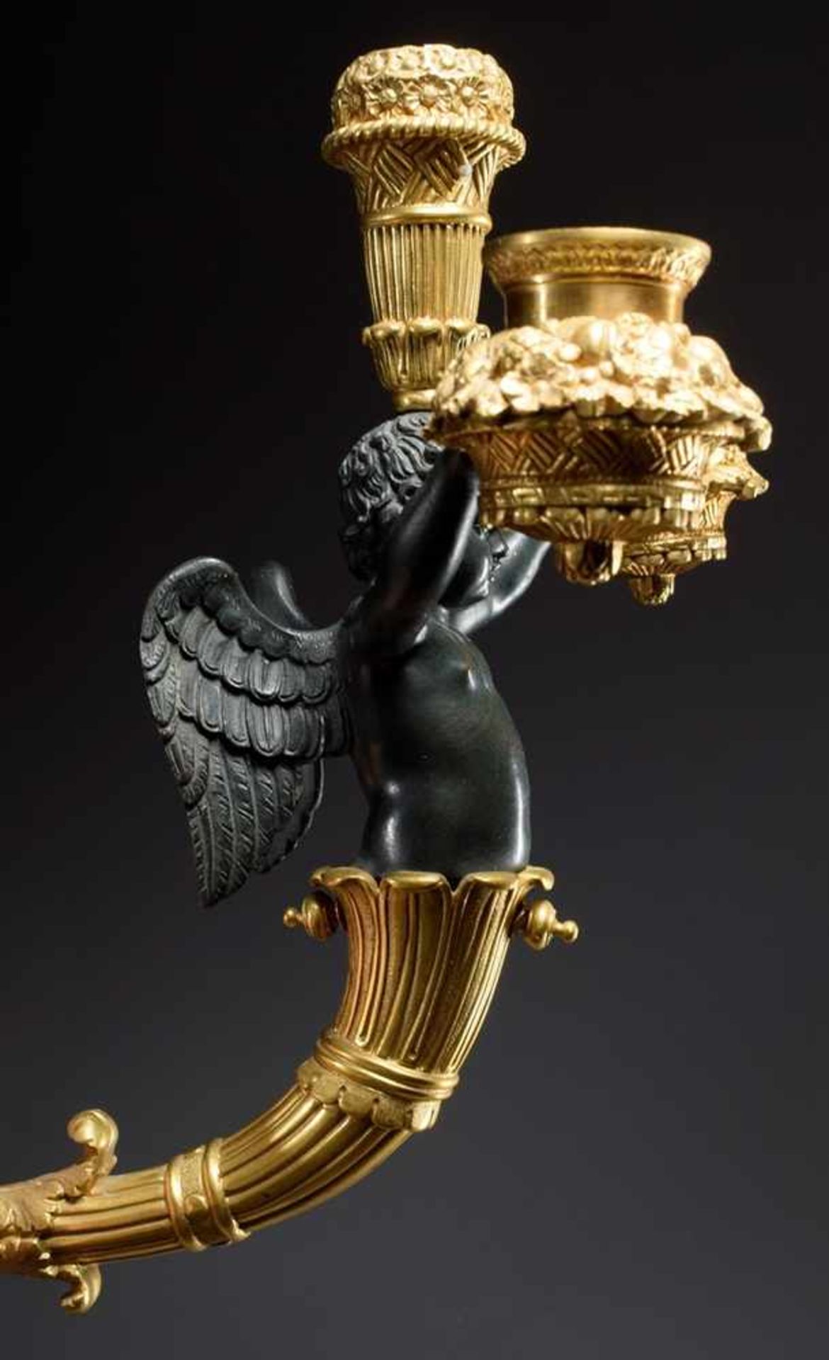 Pair of 3 flame wall arms "Angels", bronze partly gilded and blackened, France 19th century, ca. - Bild 7 aus 9