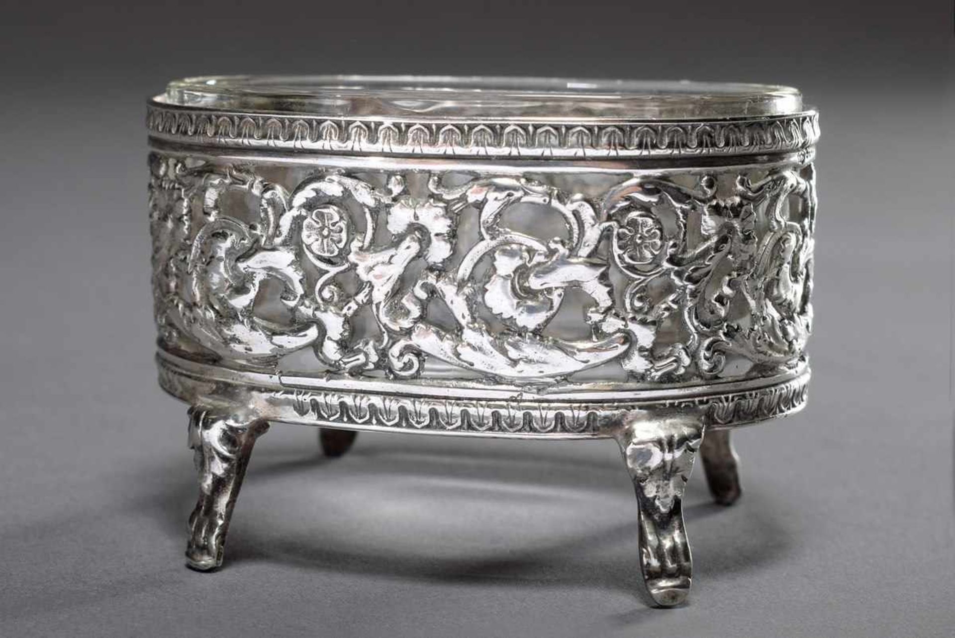 Openwork salt bowl in classical style on four feet with glass insert, Silver 800, 22g (without