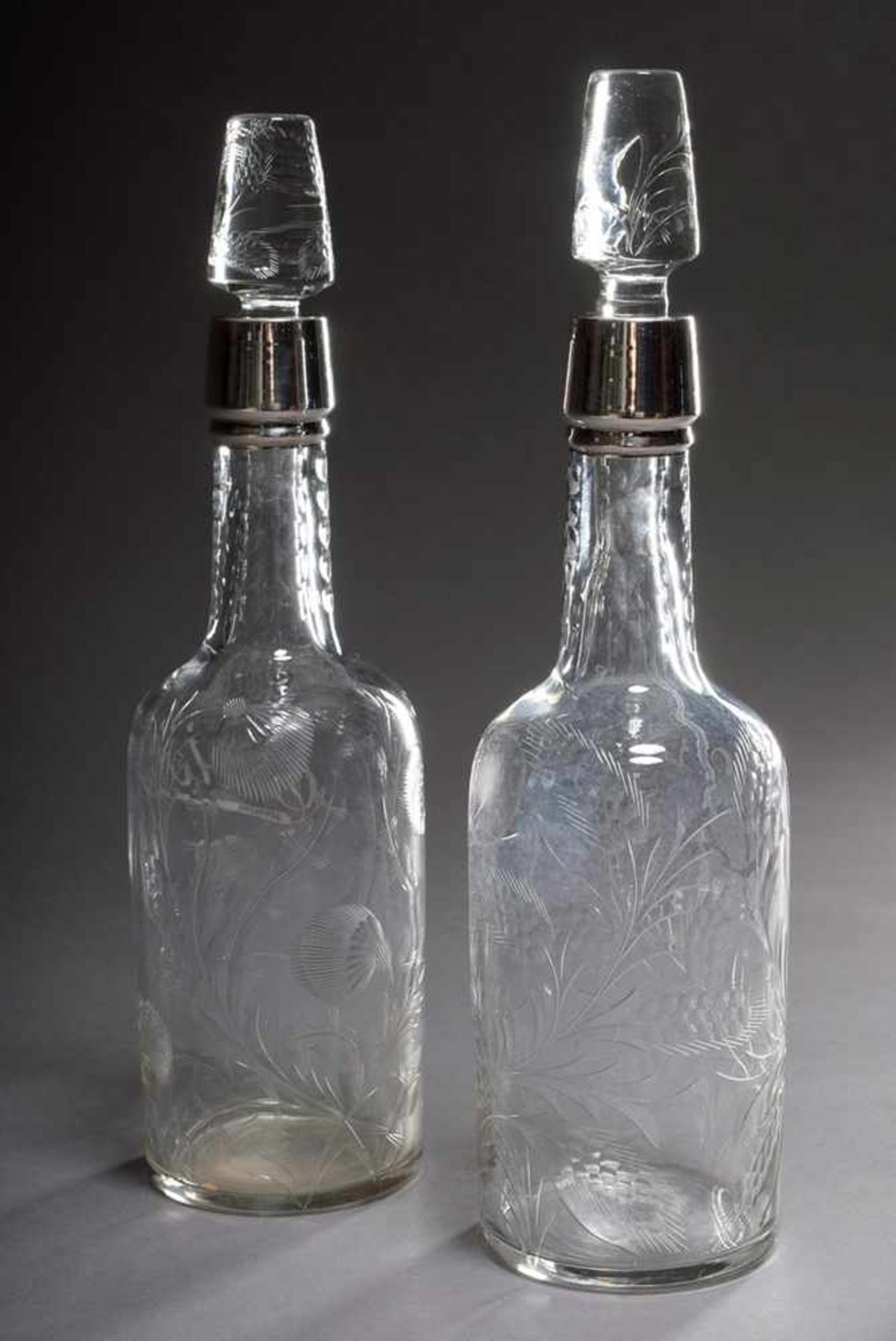 Pair of carafes with floral cut and silver overlay "Rye" and "Scotch", around 1910/1920, h. 33cm, - Image 4 of 6