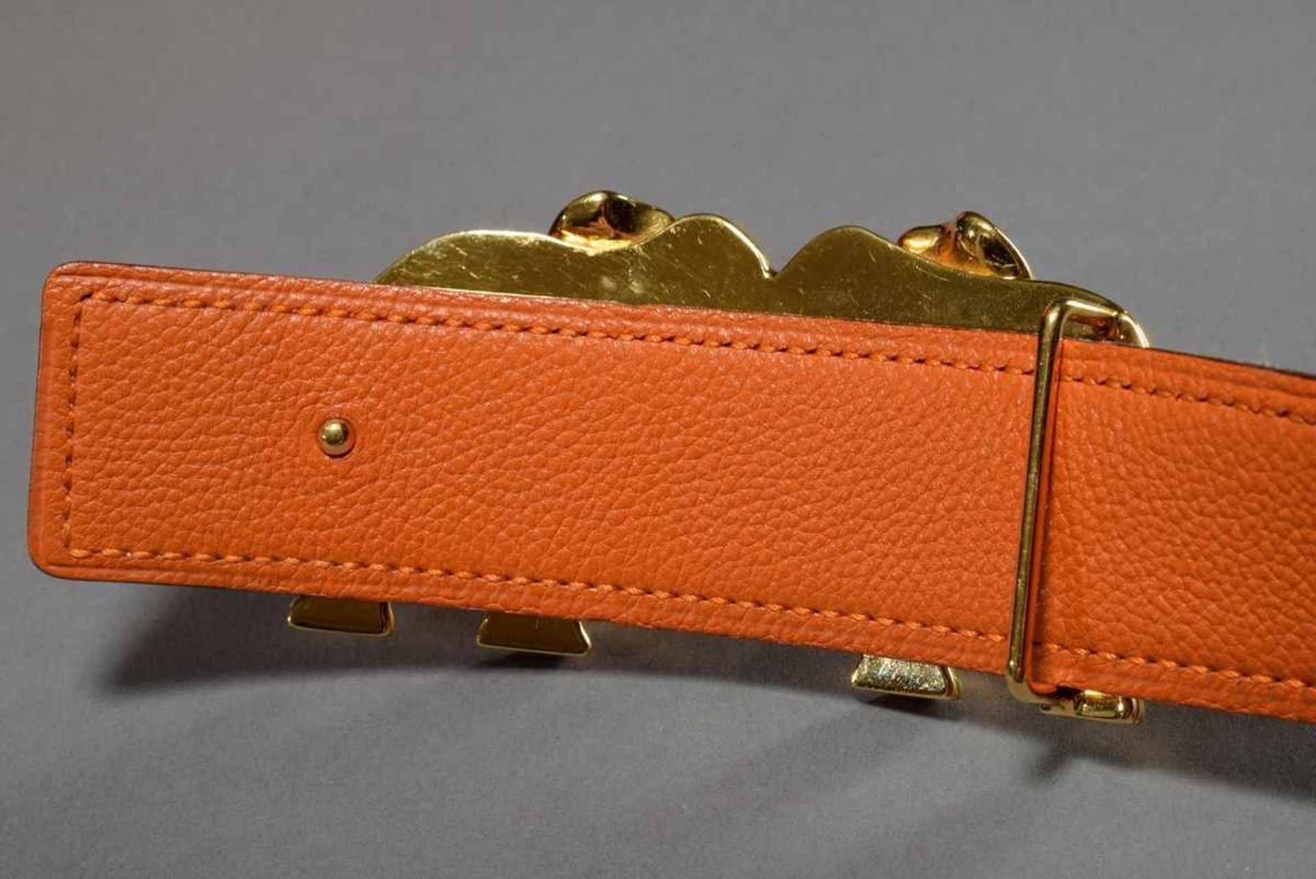 Hermès belt with gold plated "elephant" buckle, cognac, 2001, l. 85cm, b. 3cm, original bag and box, - Bild 4 aus 4