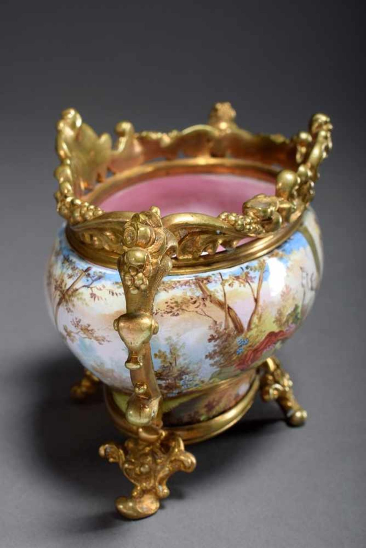 Small metal jardiniere with polychrome enamel painting "Shepherd scene in landscape" and gilded - Bild 4 aus 7