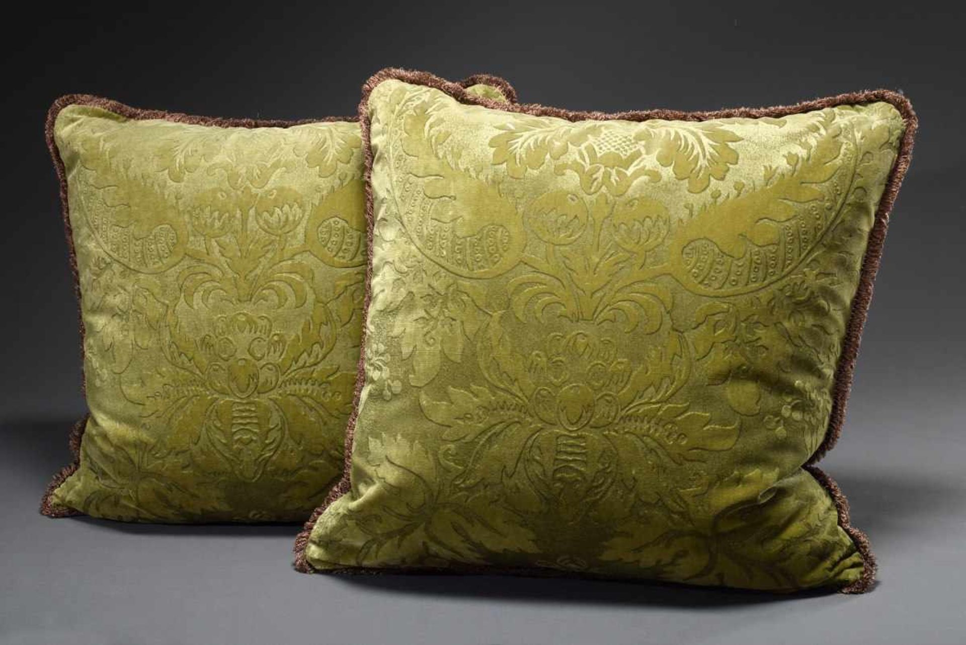 Pair moss green "Fortuny" velvet cushions with embossed floral decoration and copper piping,