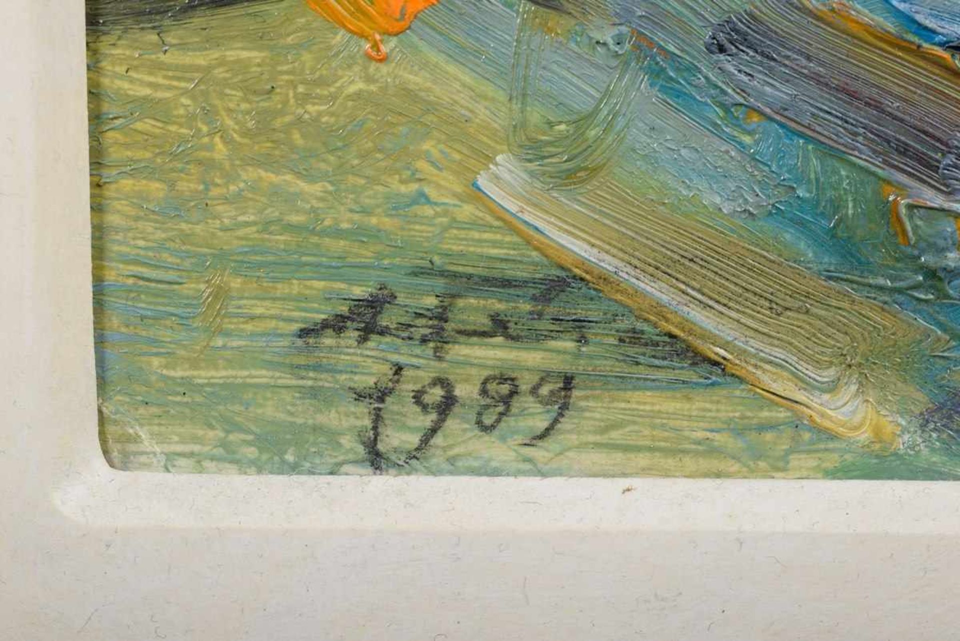 Feser, Albert (1901-1993) "Landungsbrücken", 1989, oil/plate, signed l.l., 34,5x44cm (w.f. 42, - Bild 3 aus 4