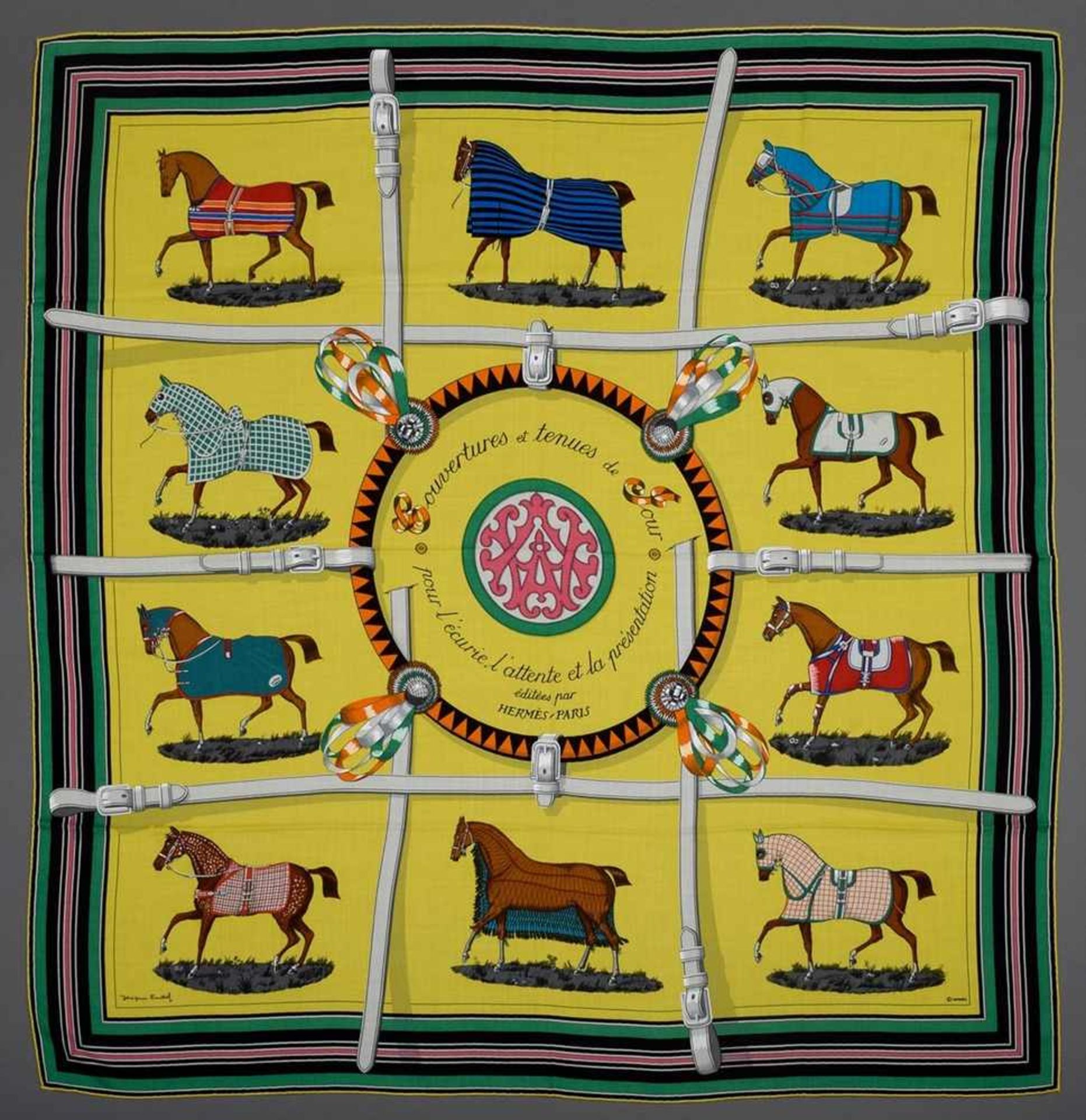 Hermès Scarf "Blankets and daywear for the stable, waiting and presentation" lemonyellow/green/ - Bild 2 aus 6