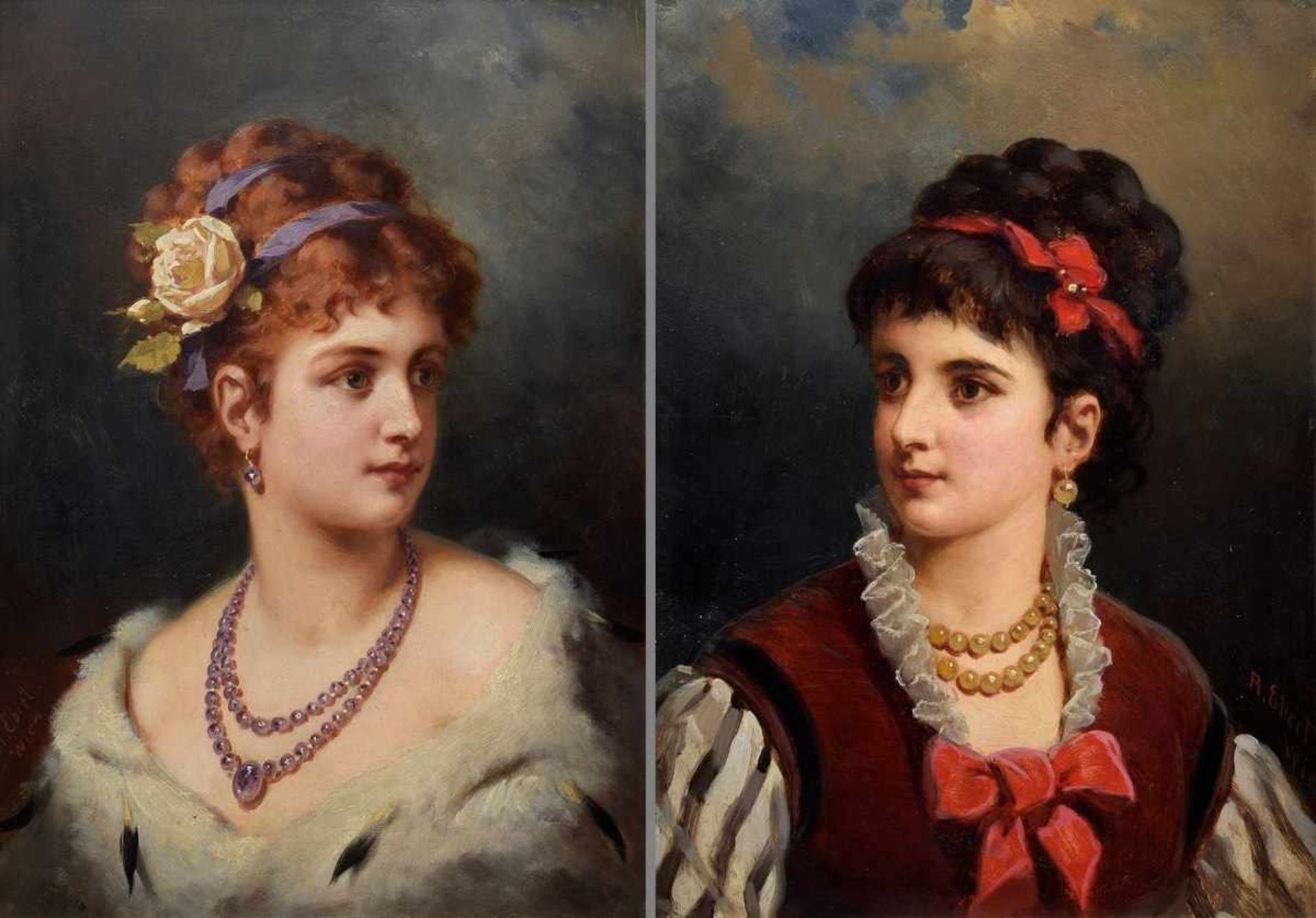 2 Ebert, Anton (1845-1896) "Portraits of women", oil/wood, sign. r./l. "A.Ebert Wien", 41x28cm (w.f.
