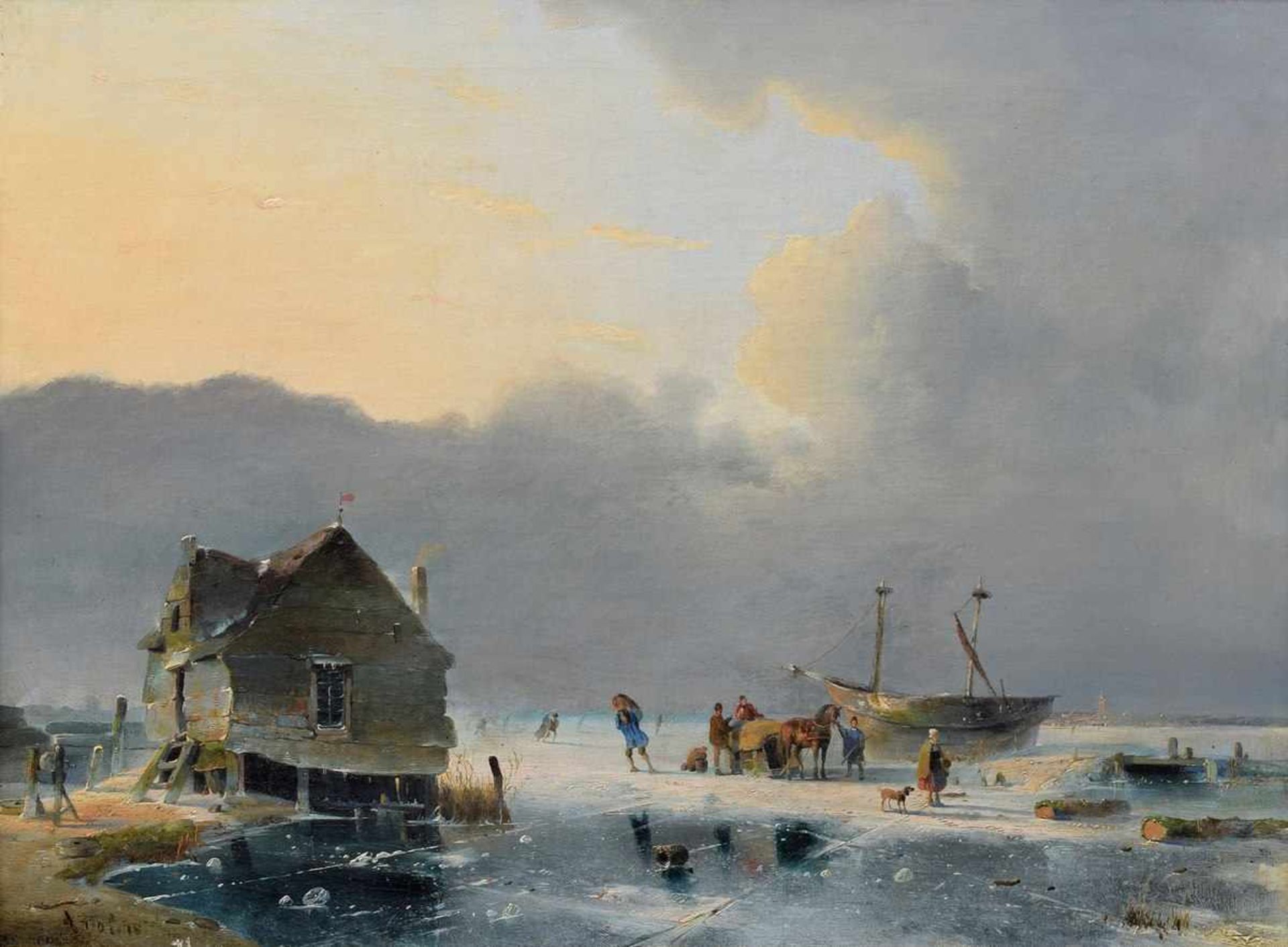 Unknown painter of the 19th century "Dutch Winter Scene", oil/canvas mounted, lower left illegible