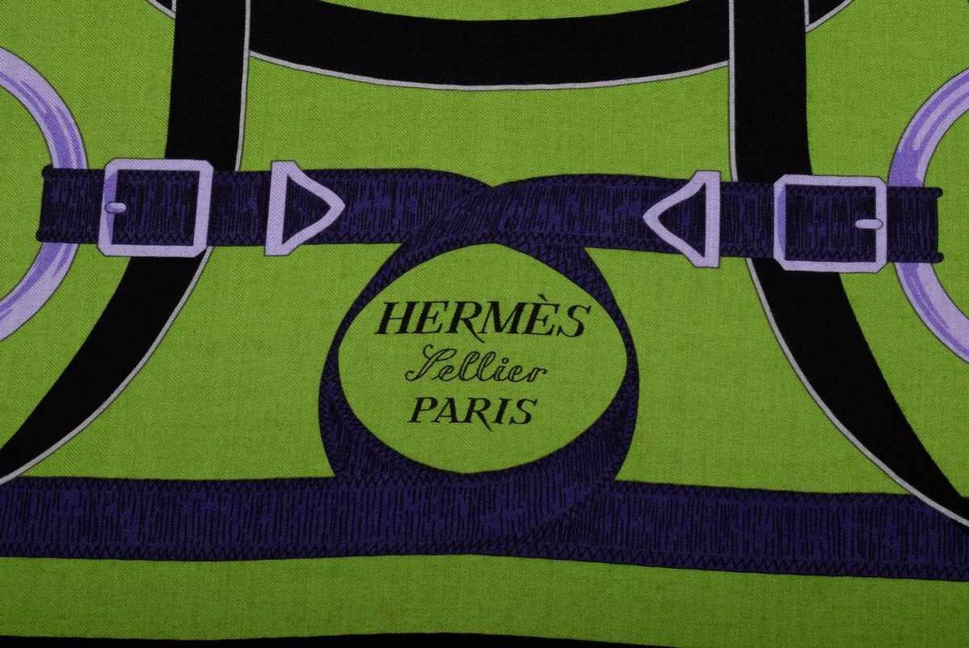 Hermès scarf "Eperon d'Or" lemon yellow/purple/light green/black, design: Henri d'Origny 1974, 65% - Bild 3 aus 5