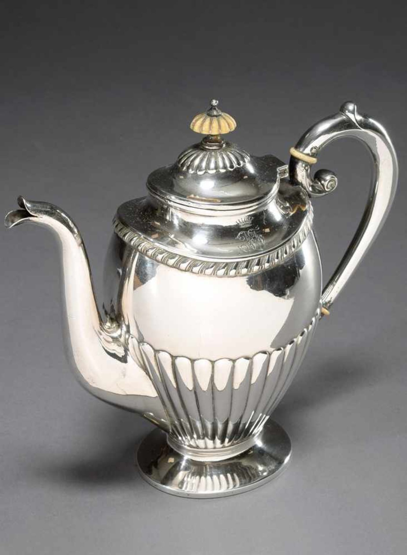 Russian mocha pot with monogram "JJ" under crown, Kokoshnik mark, Astrakhan 1899-1916, MM: I.K.A.,