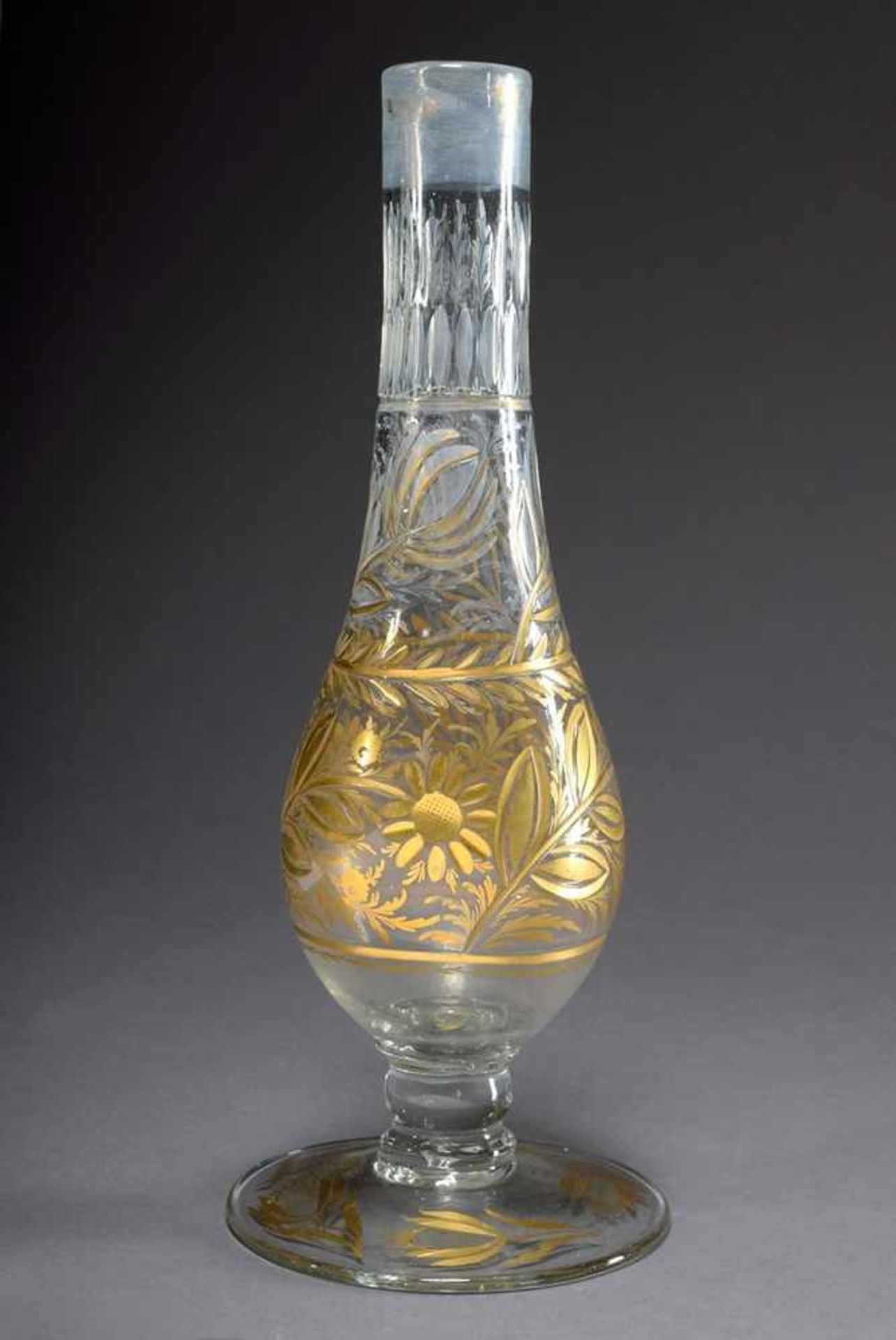 Ottoman beycoz (rosewater sprinkler) or nargile (water pipe), glass with gold painted floral cut,