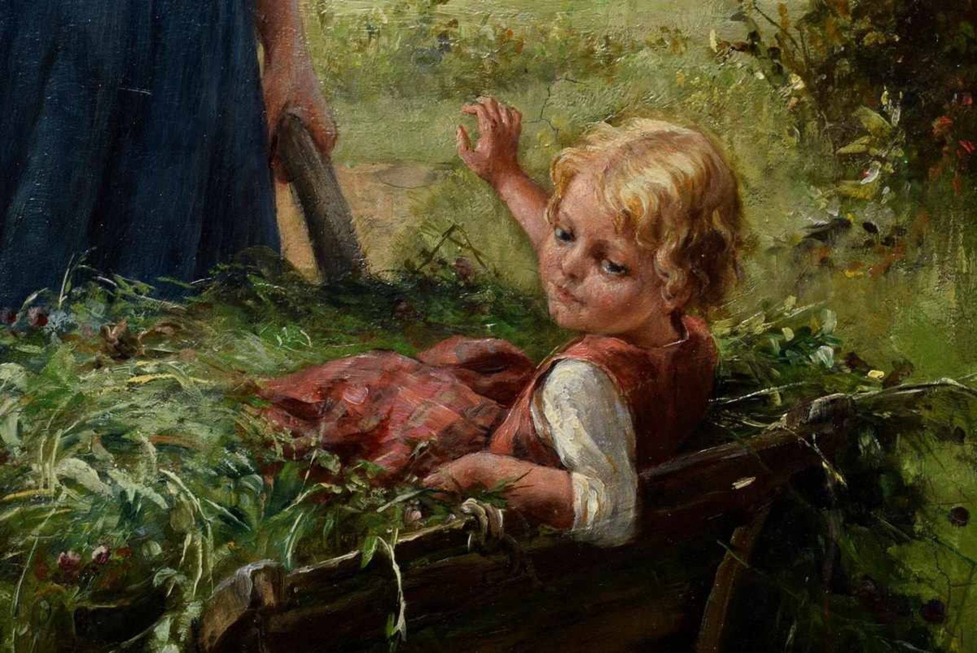 Stuhlmüller, Karl (1859-1930) "Young peasant woman with child on wheelbarrow", oil/wood, signed - Bild 5 aus 9
