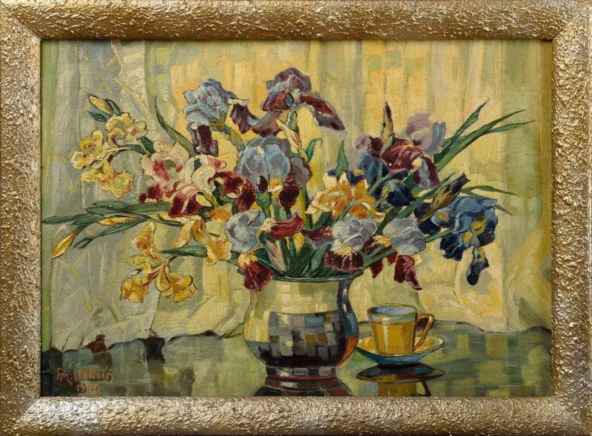 Lobsien, P.M. (painter of the 20th century) "Still life with iris bouquet" 1946, oil/warning sign ( - Bild 2 aus 5