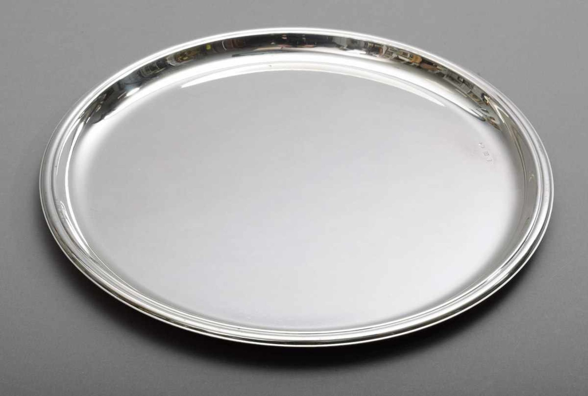 Round, plain tray with date engraving, Wilkens 1960s, silver 835, 328g, Ø 27,5cmRundes, schlichtes