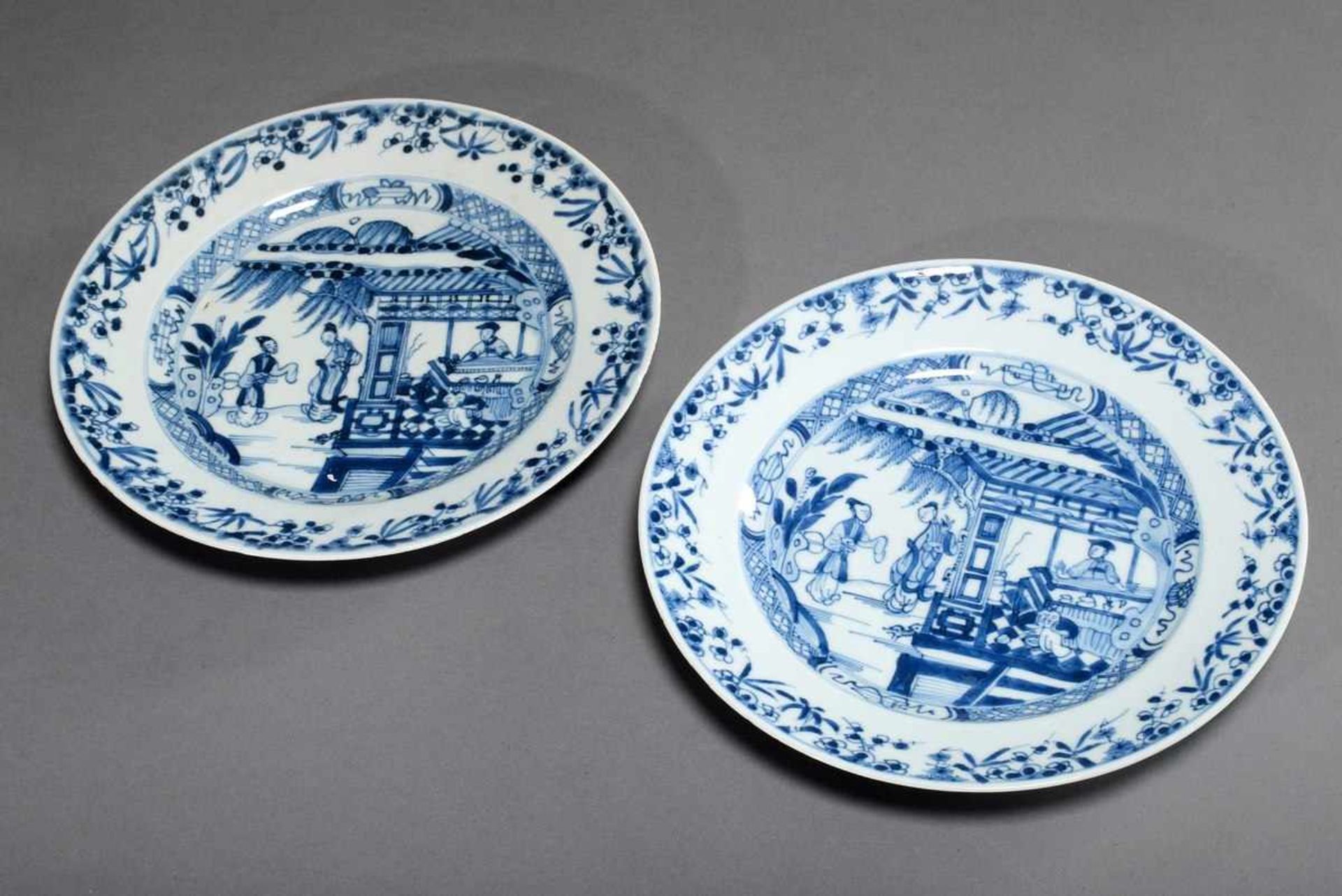 Pair of plates with blue painting decoration "Teahouse scenes", Ø 23cm, 1x chipped at the edge, 1x - Bild 2 aus 7