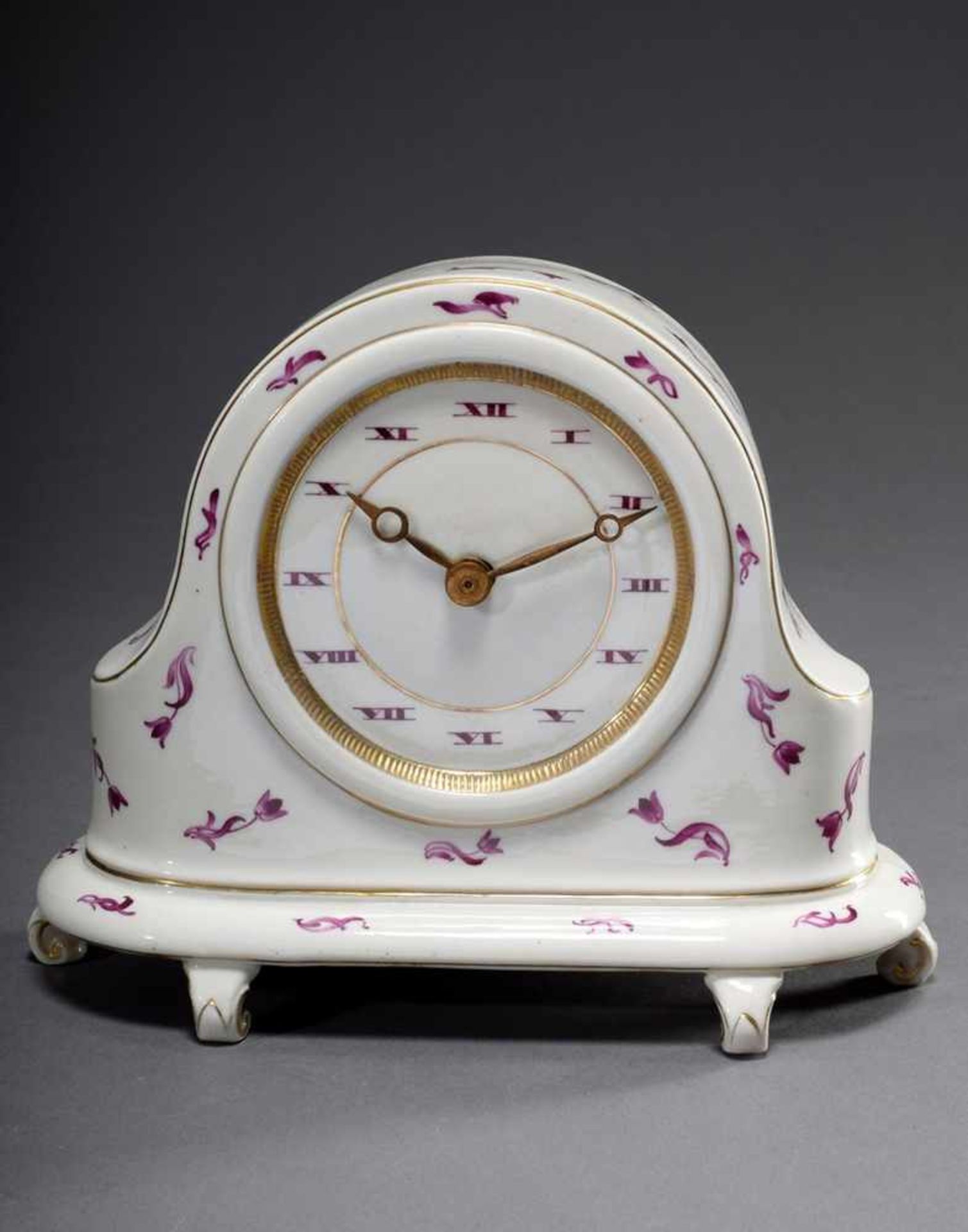 Small Schwarzburger Werkstätten porcelain fireplace clock with floral purple painting and - Image 2 of 8