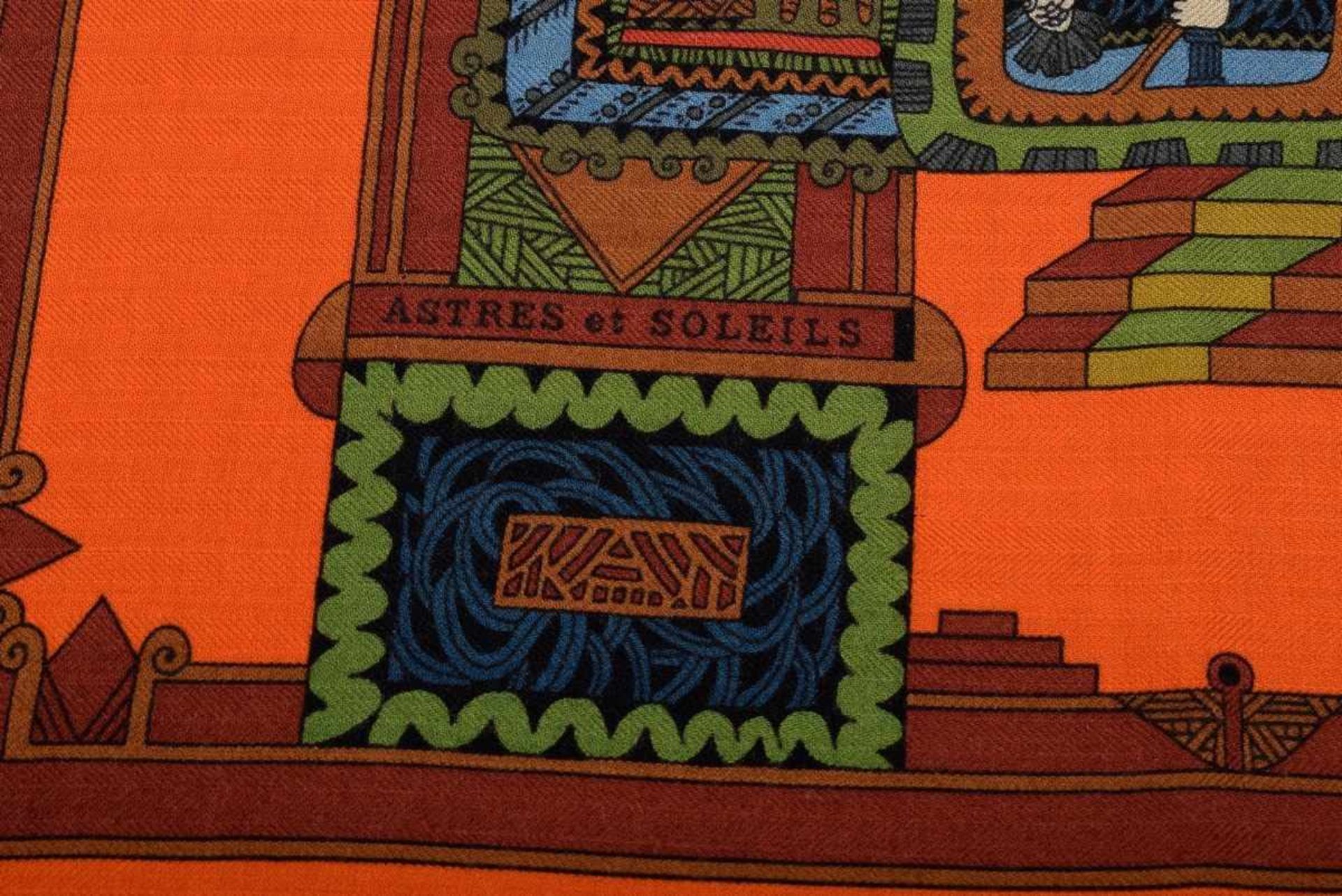 Hermès scarf "Astres et soleils" orange/olive, design: Annie Faivre 1994, cashmere/silk, - Bild 5 aus 5