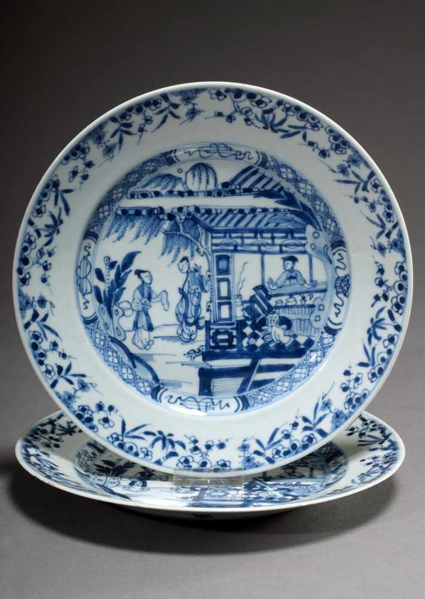 Pair of plates with blue painting decoration "Teahouse scenes", Ø 23cm, 1x chipped at the edge, 1x - Bild 5 aus 7