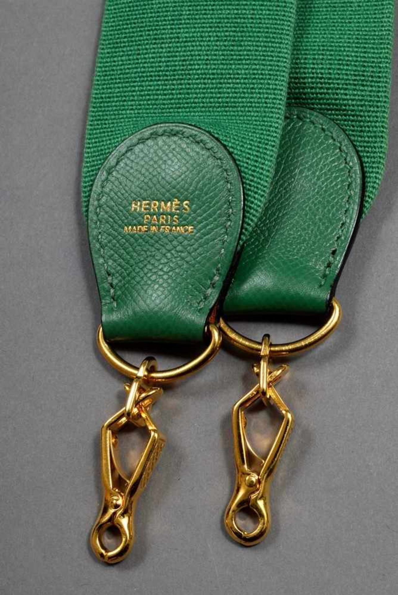 Hermès Sangle, green, cotton/leather/gold plated metal, l. 109cm, wornHermès Sangle, grün,