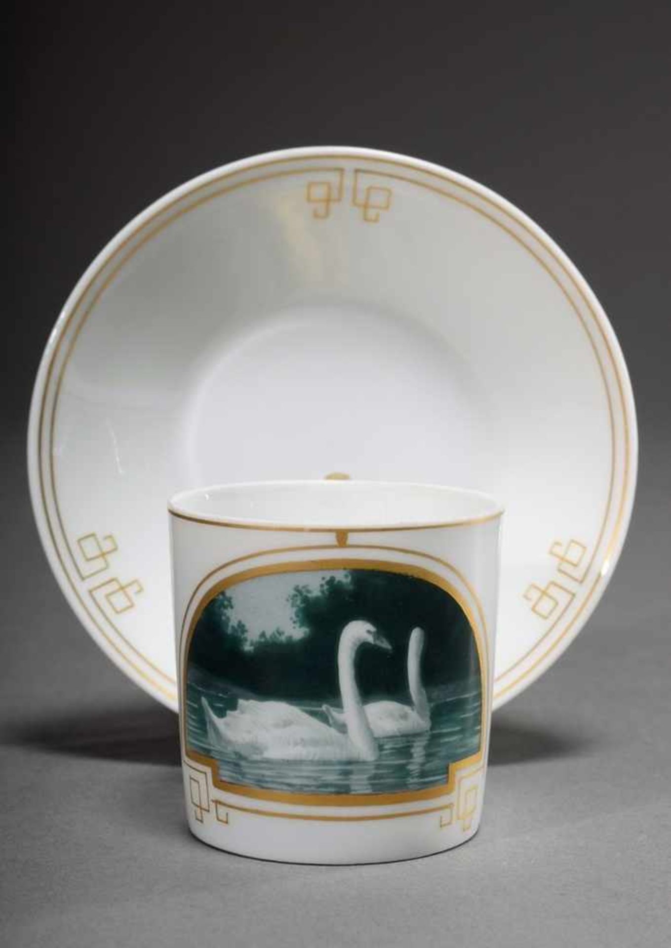 Nymphenburg mocha cup with polychrome painting "Swans in blue", decor design: Ludwig Carl Frenzel